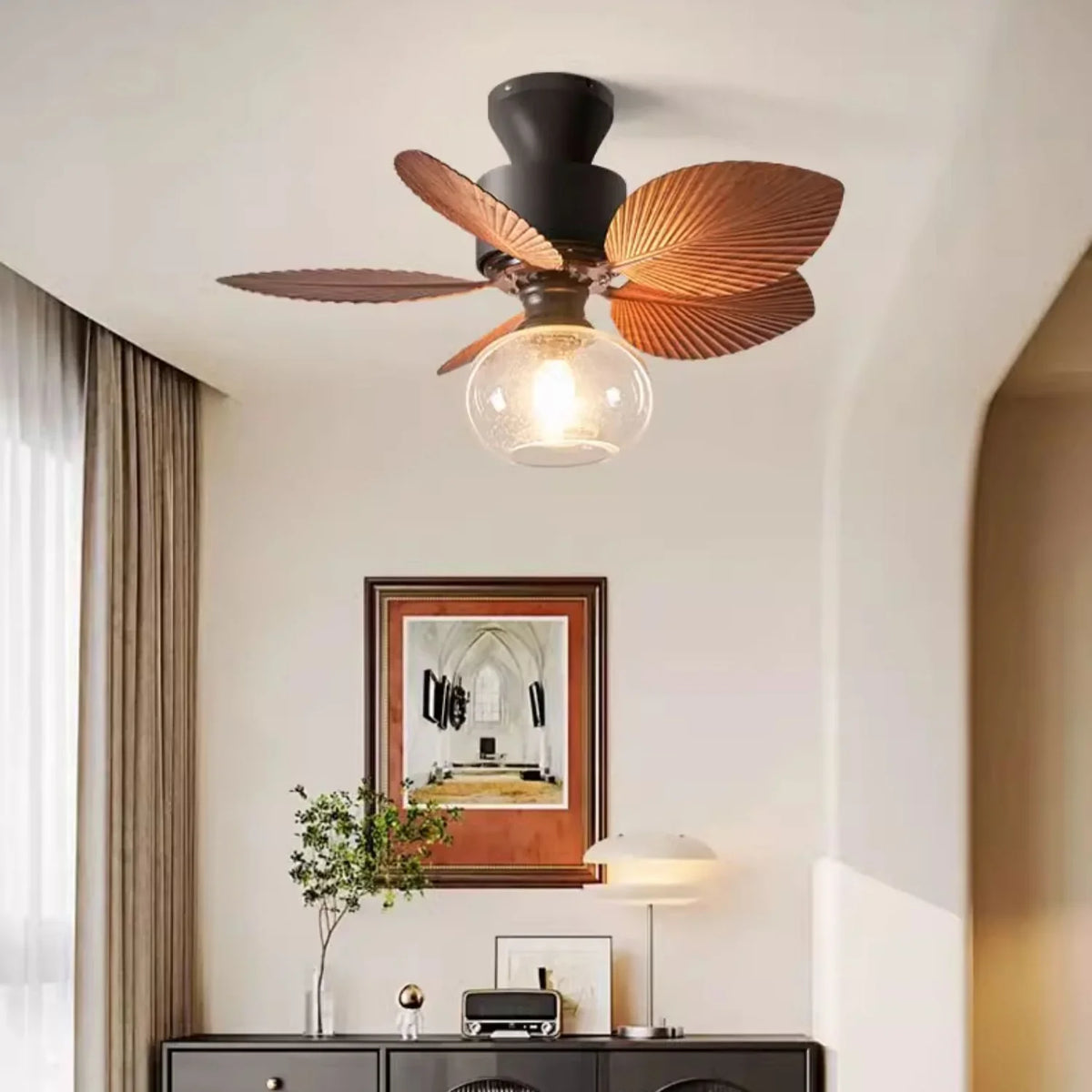 Banana Leaves Round Glass Ceiling Fan Light - view 6 | Metavaya