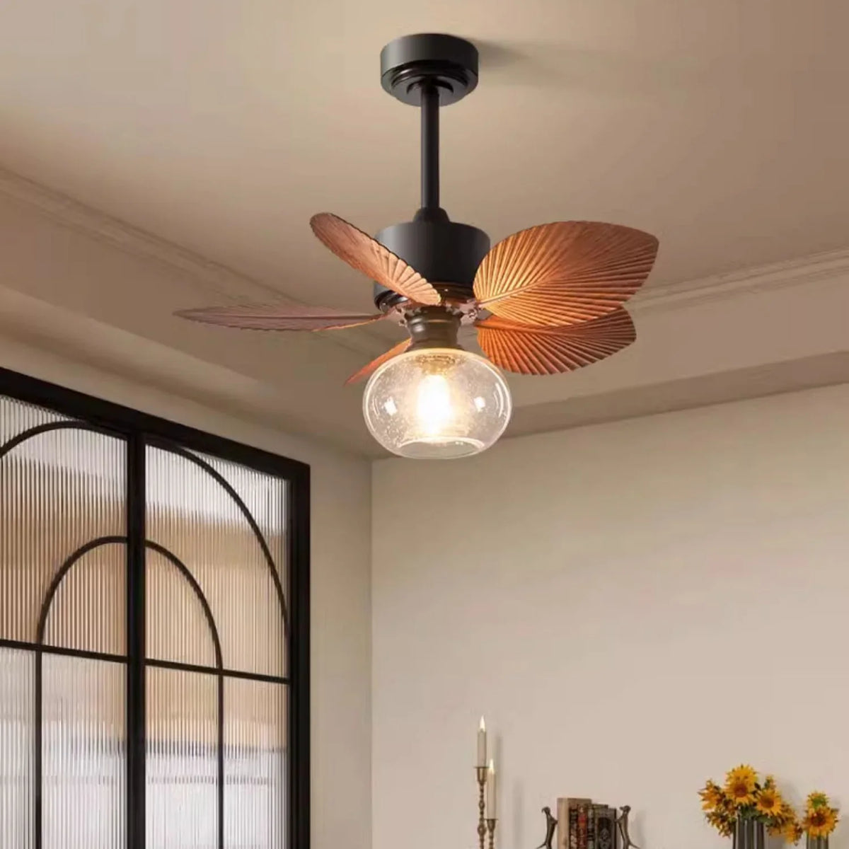 Banana Leaves Round Glass Ceiling Fan Light - view 5 | Metavaya