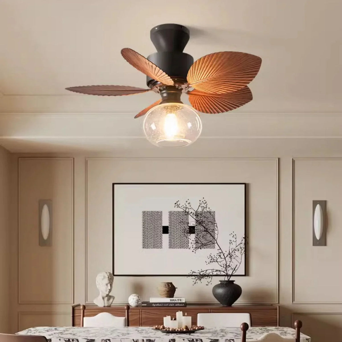 Banana Leaves Round Glass Ceiling Fan Light - view 3 | Metavaya