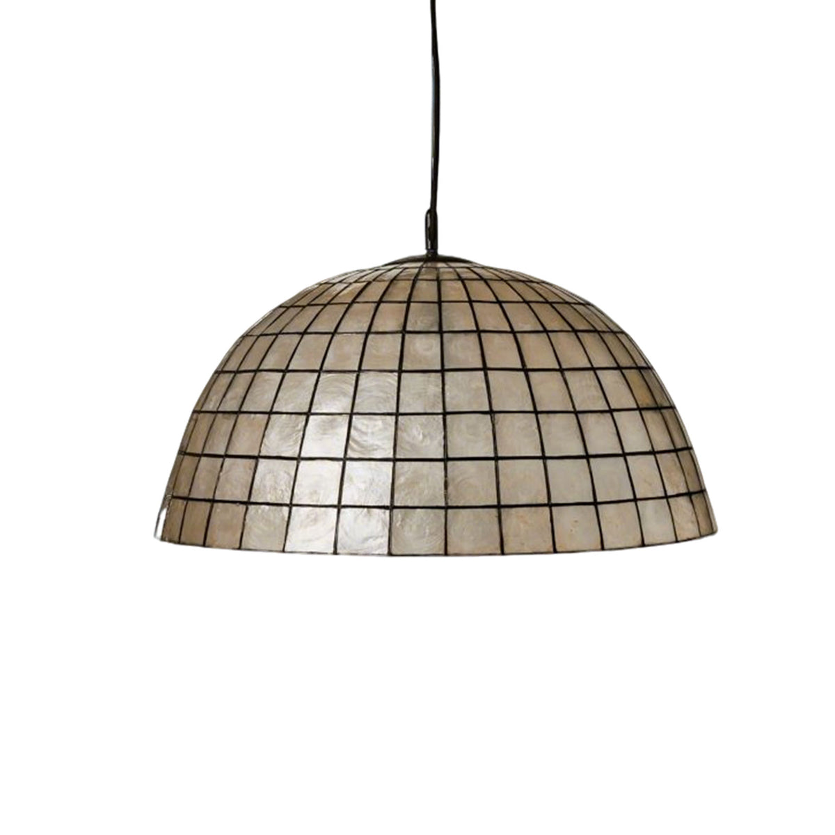 Capiz Shell Dome Pendant Light with black grid frame, studio shot on plain white background Metavaya