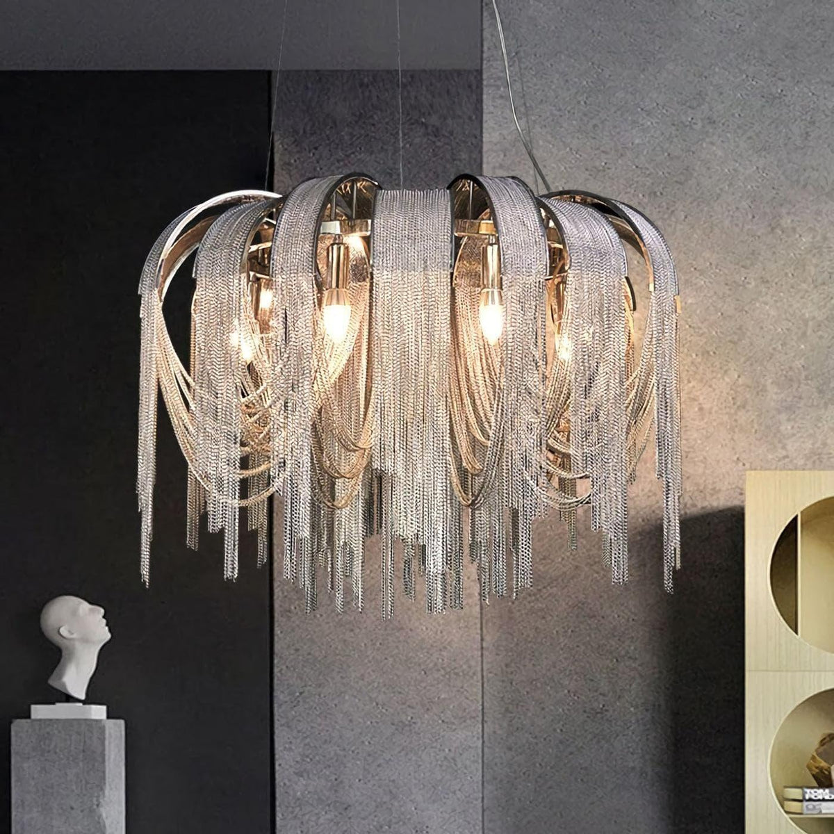 Metavaya Pendant light Chrome Aluminum Chain Tassel Chandelier