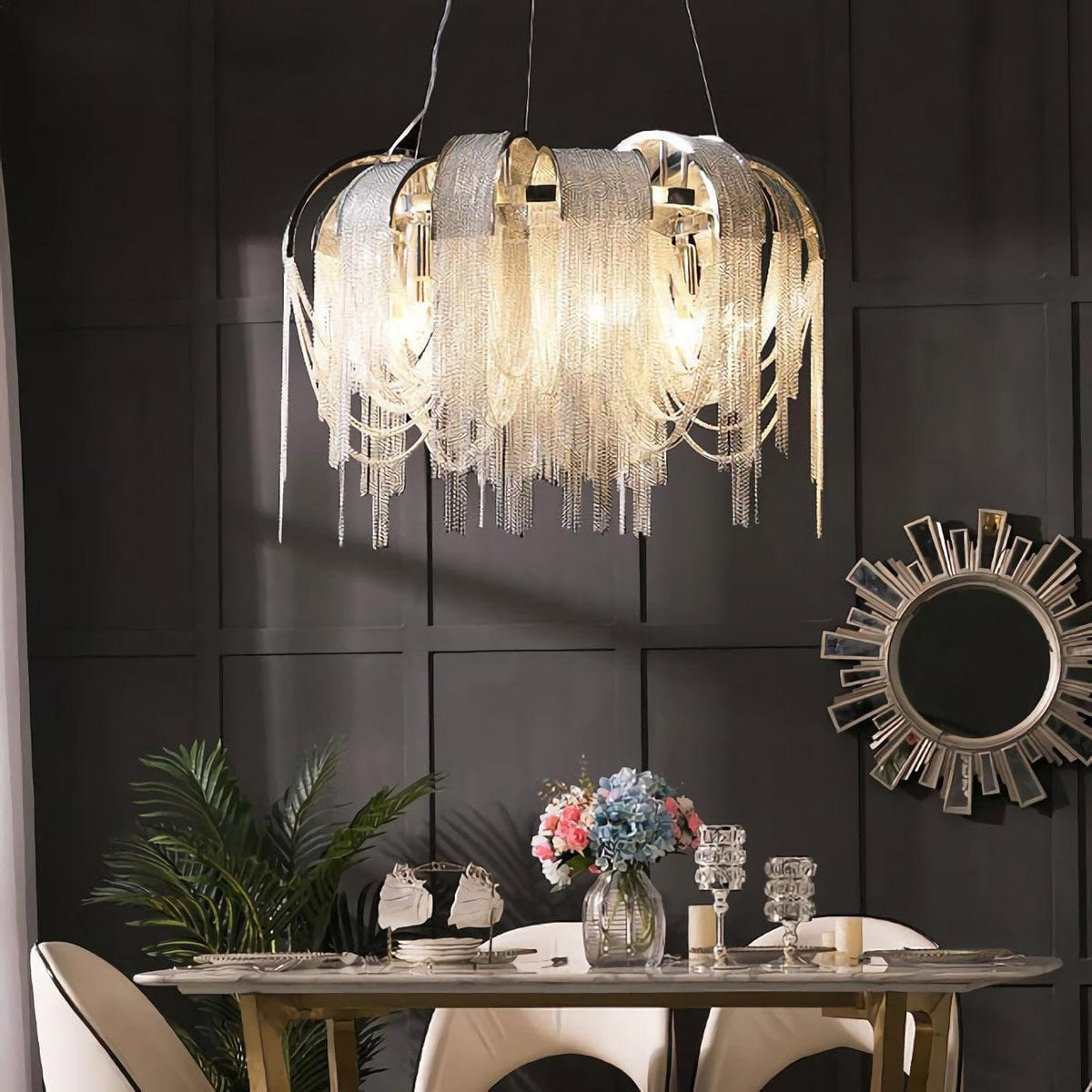 Metavaya Pendant light Chrome Aluminum Chain Tassel Chandelier
