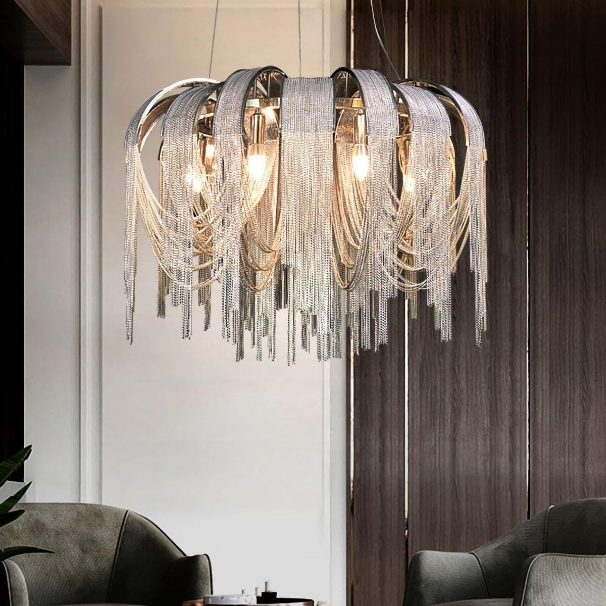 Metavaya Pendant light Chrome Aluminum Chain Tassel Chandelier