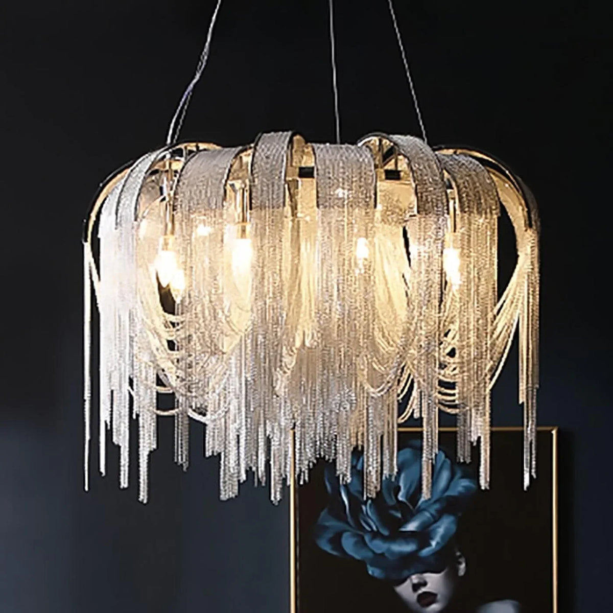 Metavaya Pendant light Chrome Aluminum Chain Tassel Chandelier
