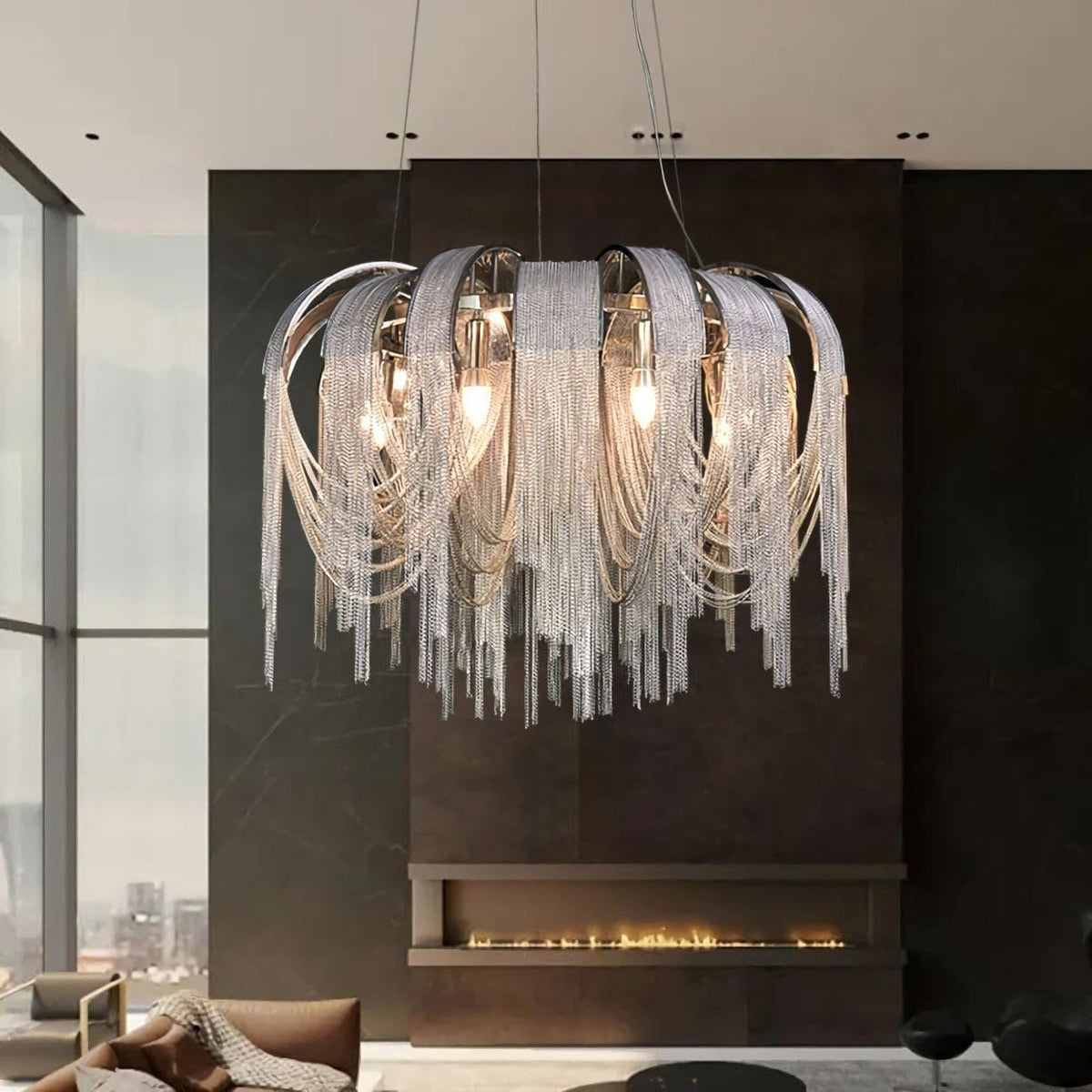 Metavaya Pendant light Chrome Aluminum Chain Tassel Chandelier