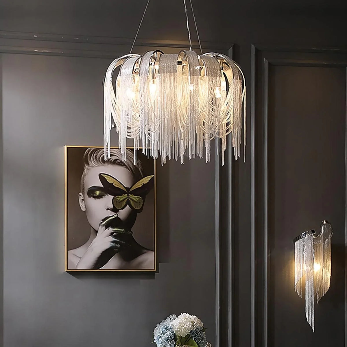 Metavaya Pendant light Chrome Aluminum Chain Tassel Chandelier