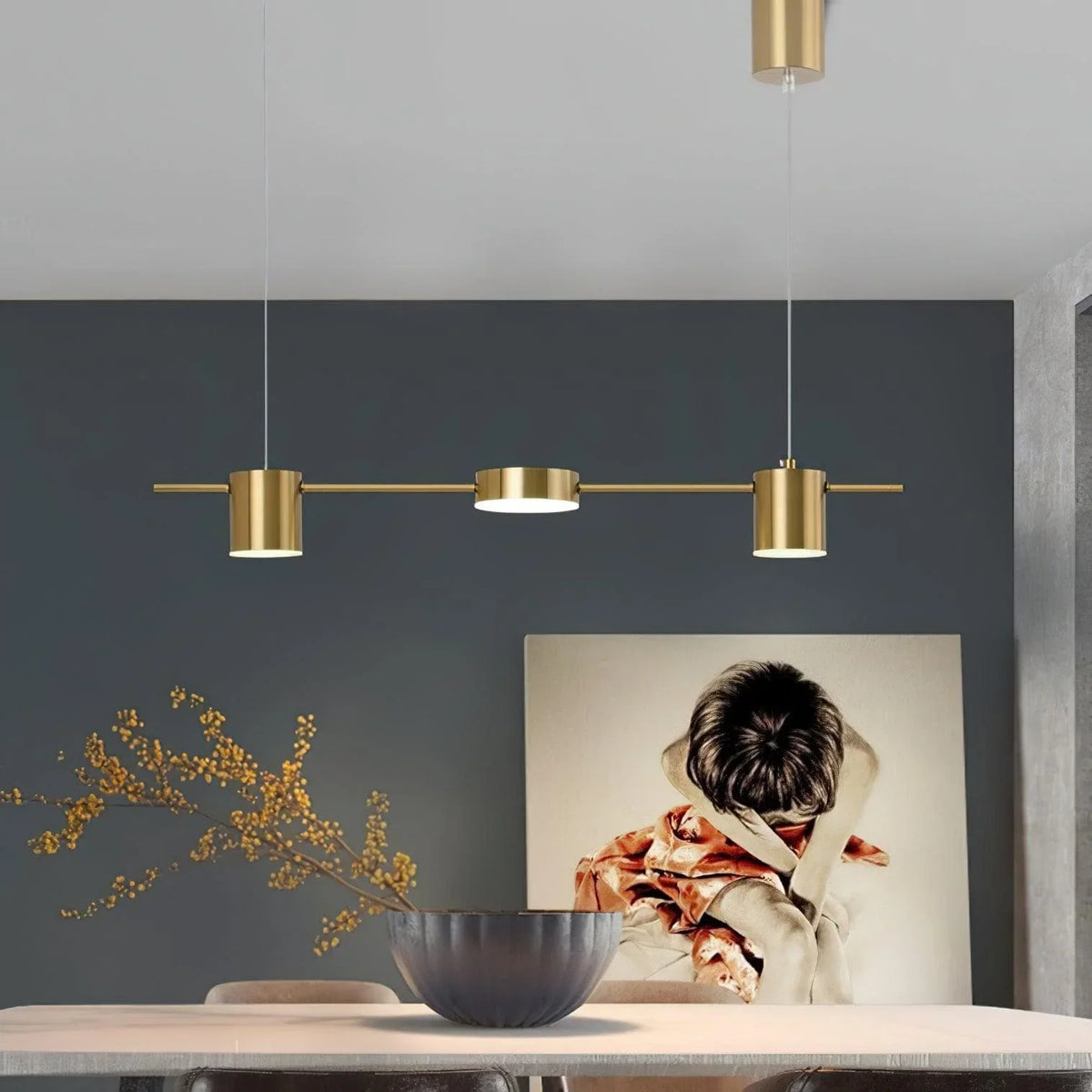 Metavaya Chandelier 3 heads L 70cm x H 150cm / L 27.6″ x H 59″ / Gold / Warm Light Counterpoint LED Linear Chandelier 6938617802875 M2023102202-1