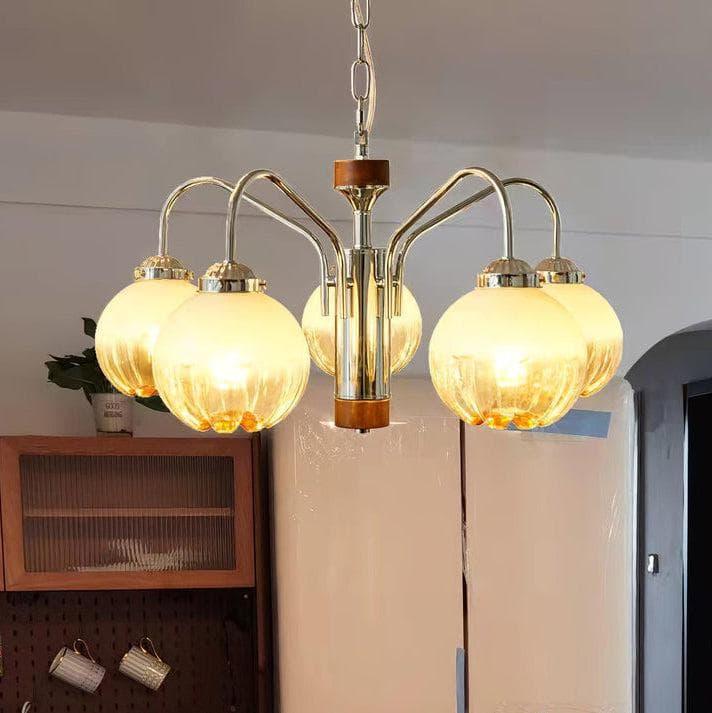 Metavaya Chandelier 5 heads Dia 50cm x H 33cm / ∅ 19.7″ x H 13″ / White+Chrome+Walnut Flower Bud Chandelier 6938617803650 M2023102505-3