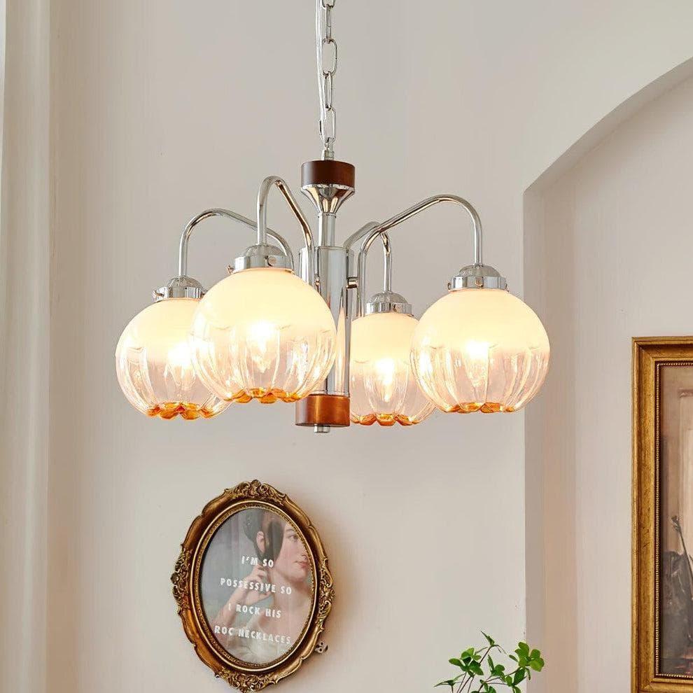 Metavaya Chandelier 4 heads Dia 40cm x H 33cm / ∅ 15.7″ x H 13″ / White+Chrome+Walnut Flower Bud Chandelier 6938617803643 M2023102505-2