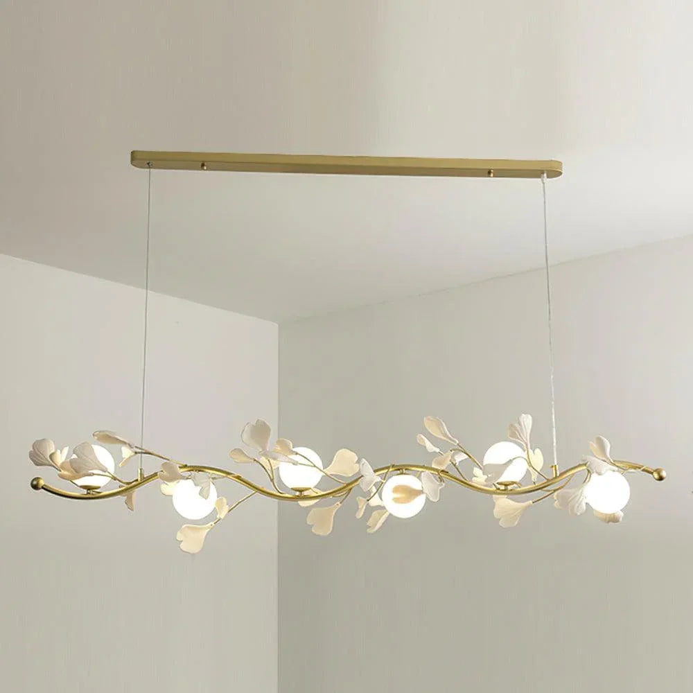 Metavaya Chandelier 6 heads L 148cm x H 25cm / L 58.3″ x H 9.8″ / Gold & White Gingko Glass Chandelier 662668880242 M202403285-2 Gingko Glass Chandelier - Buy online