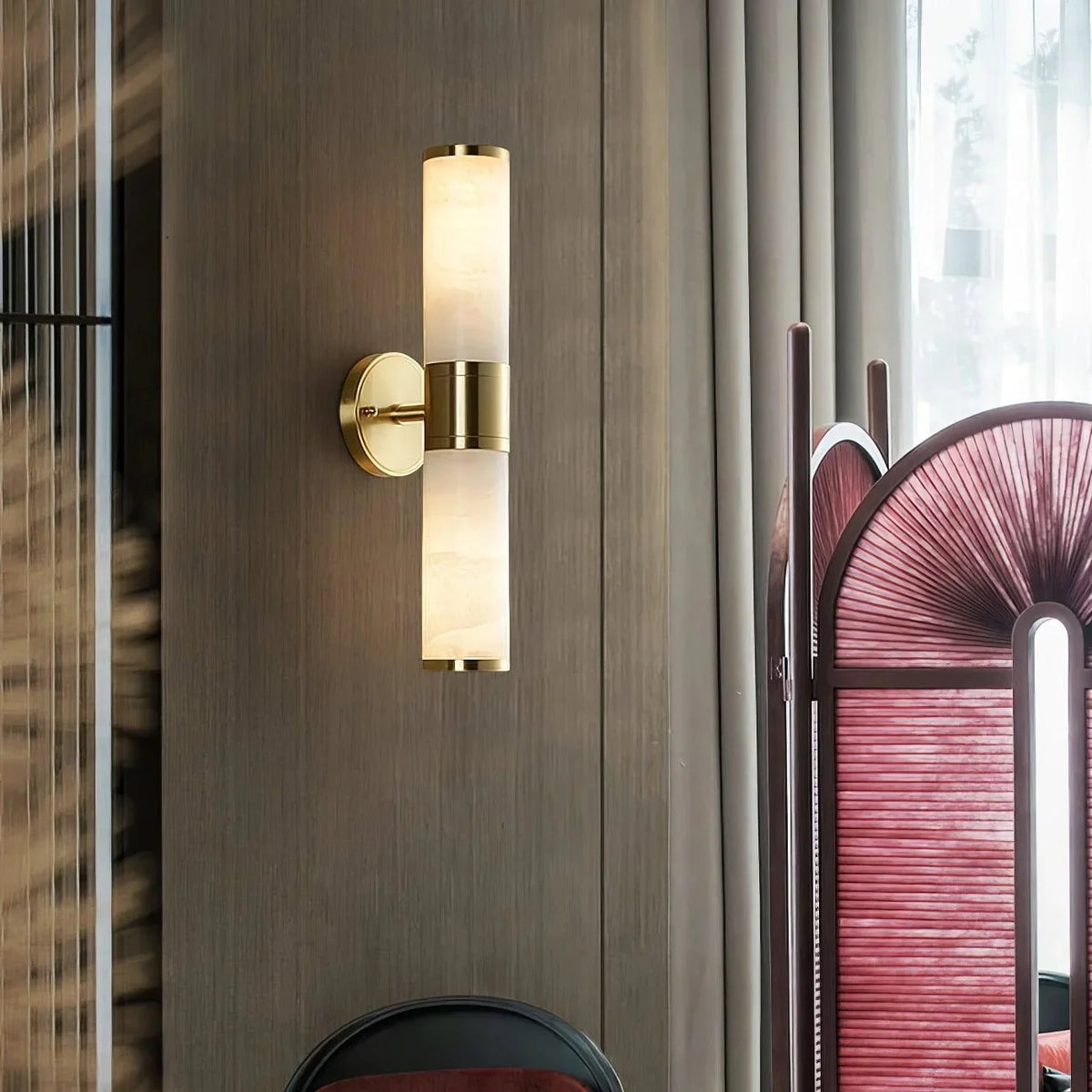 Metavaya Wall lamp Dia 8cm x H 48cm / ∅ 3.1″ x H 18.9″ / Gold & White Lampatron Marble Wall Lamp 662668876443 M202403182-2 Alabaster Lampatron Marble Wall Lamp
