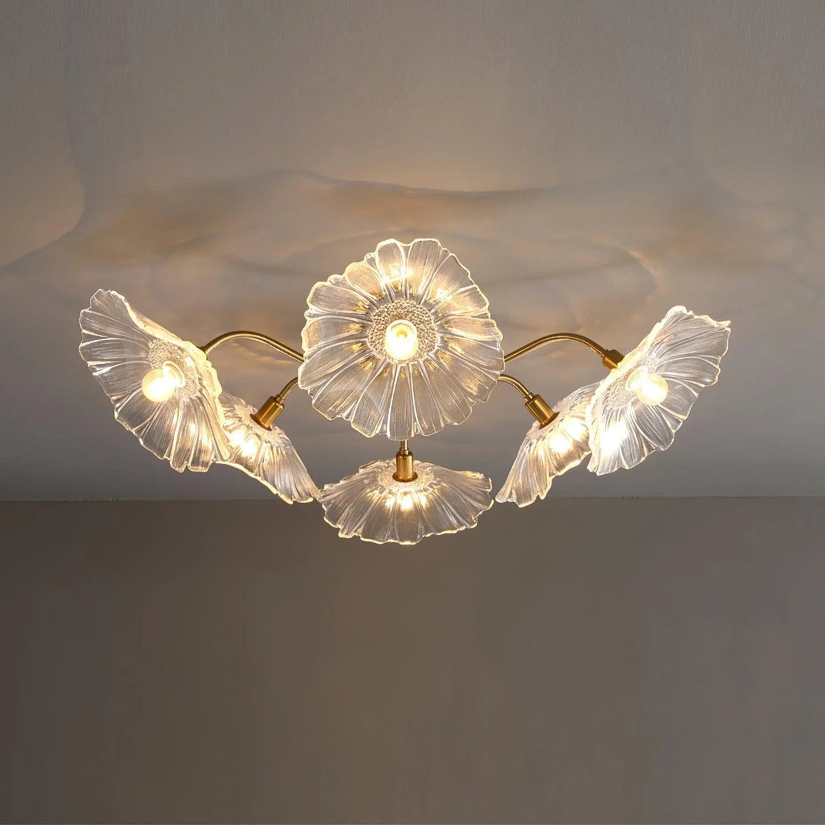 Metavaya Ceiling Lamp 6 heads Dia 90cm x H 26cm / ∅ 35.4″ x H 10.3″ / Clear Lotus Leaf Glass Ceiling Lamp 662668837901 M2023121902-5 Lotus Leaf Glass Ceiling Lamp Sale