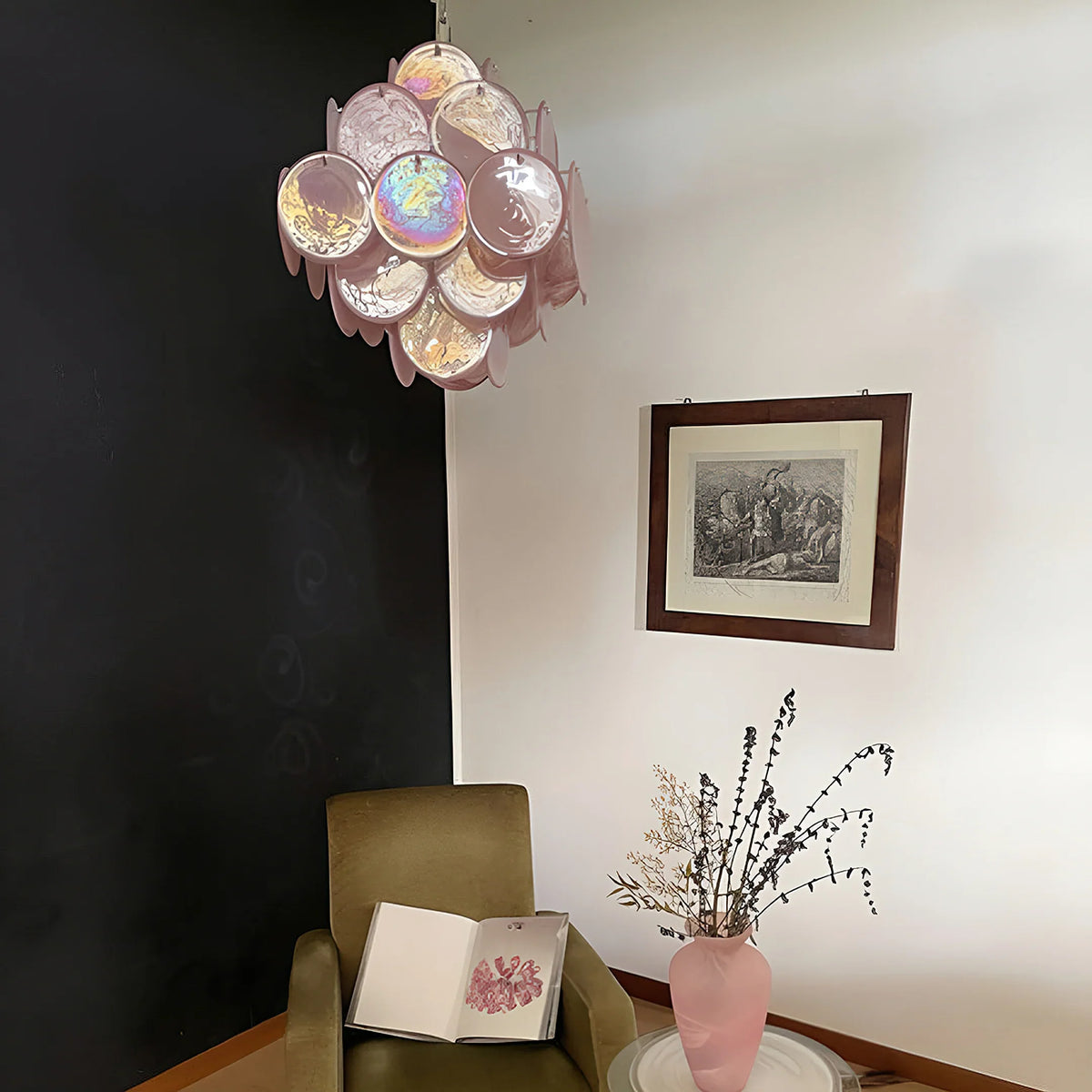Vintage Pink Glass Disks Chandelier - view 12 | Metavaya