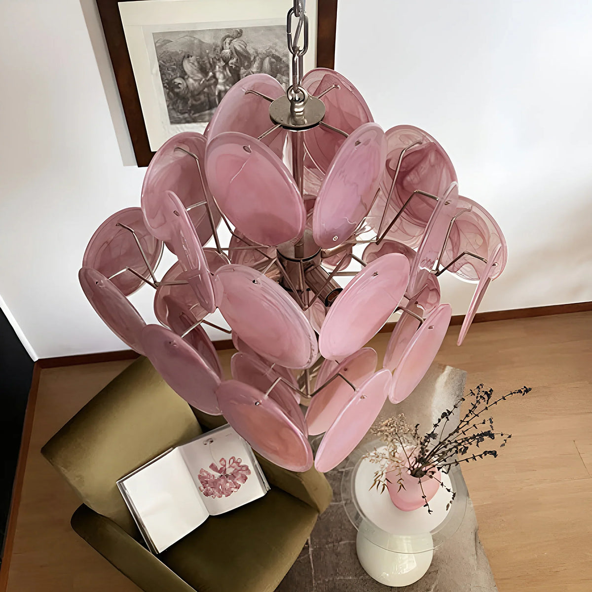 Vintage Pink Glass Disks Chandelier - view 13 | Metavaya