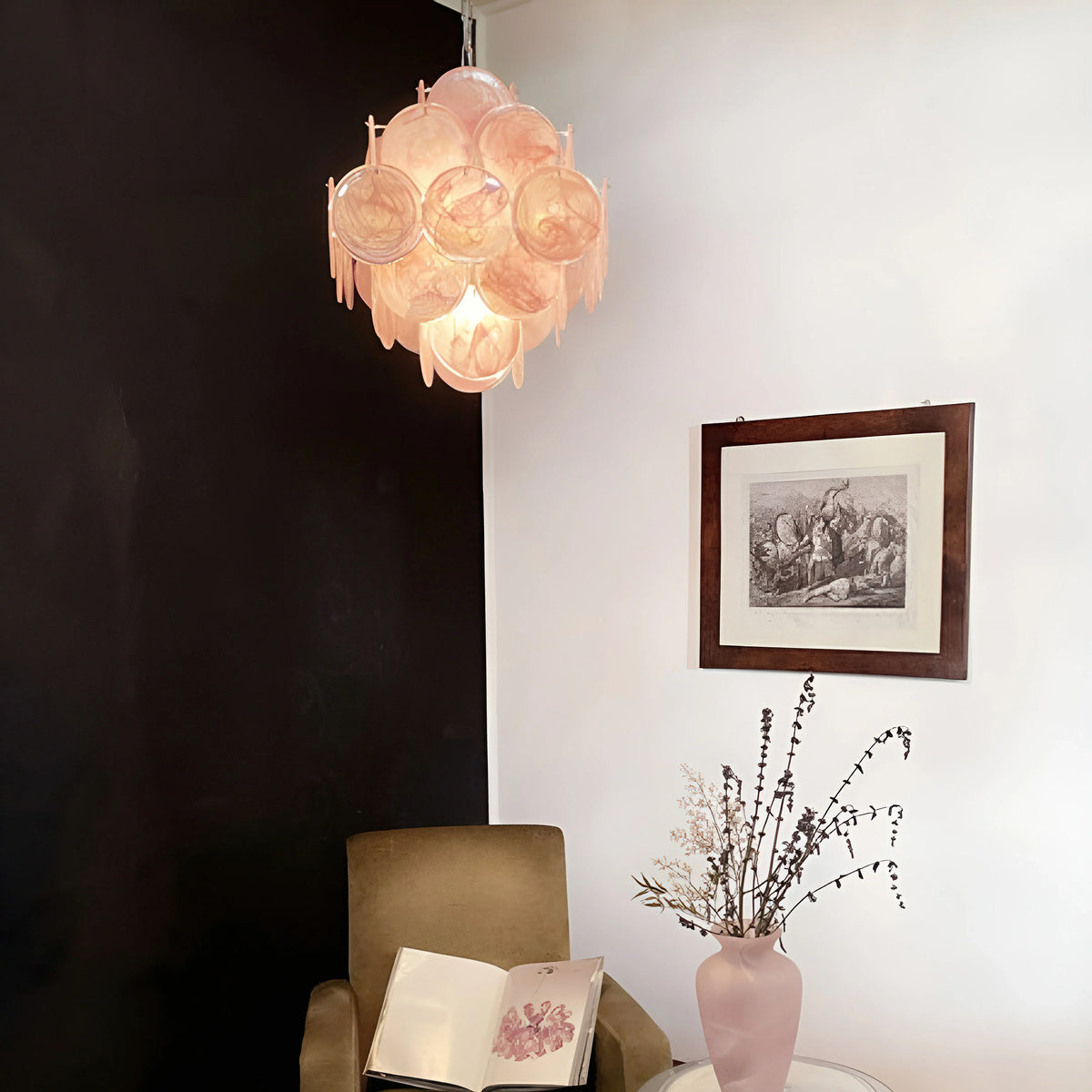 Vintage Pink Glass Disks Chandelier - view 2 | Metavaya