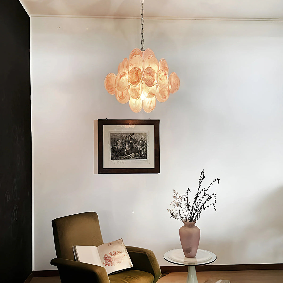 Vintage Pink Glass Disks Chandelier - view 3 | Metavaya