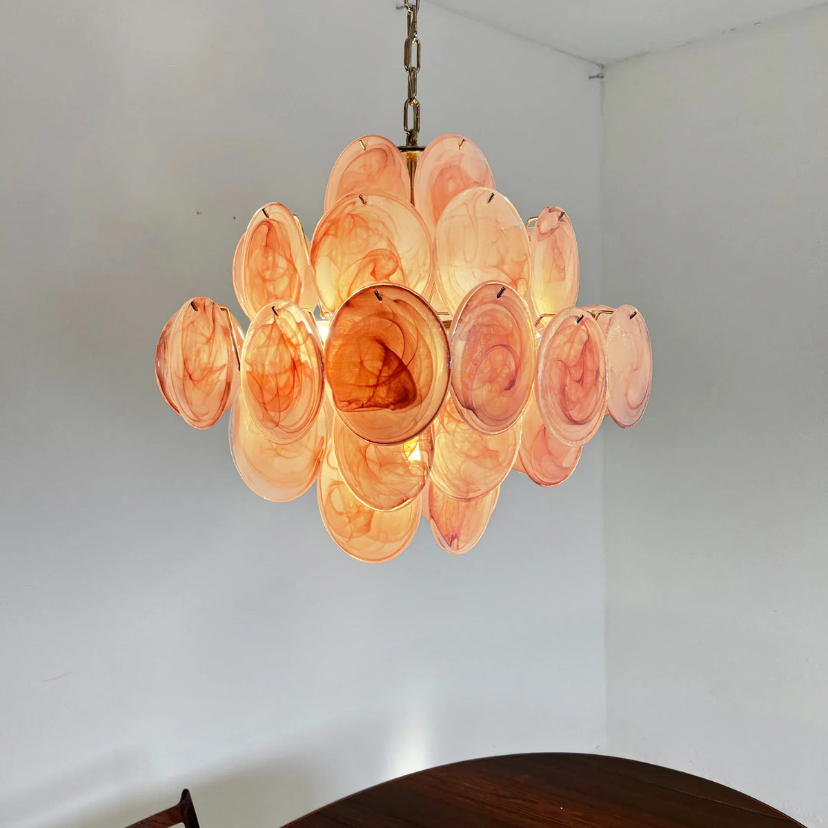 Vintage Pink Glass Disks Chandelier - view 6 | Metavaya