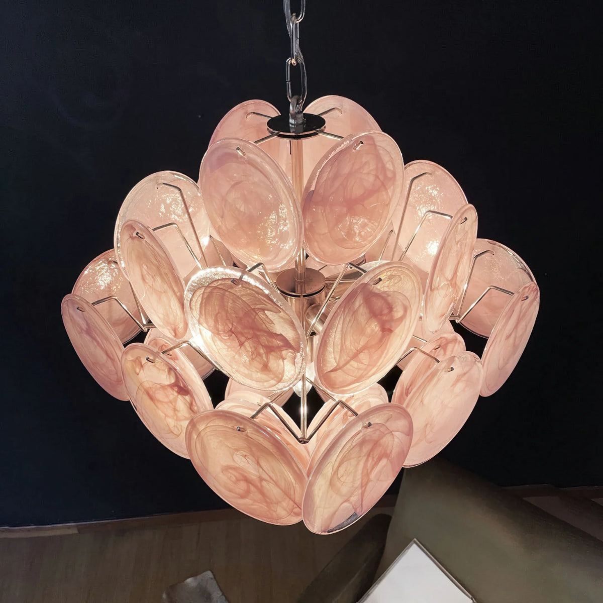 Vintage Pink Glass Disks Chandelier - view 7 | Metavaya