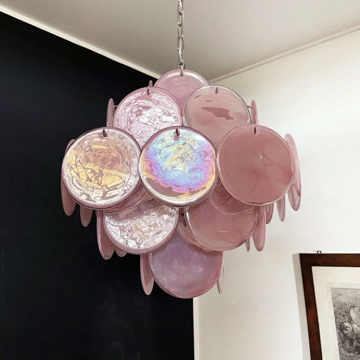 Vintage Pink Glass Disks Chandelier - view 8 | Metavaya