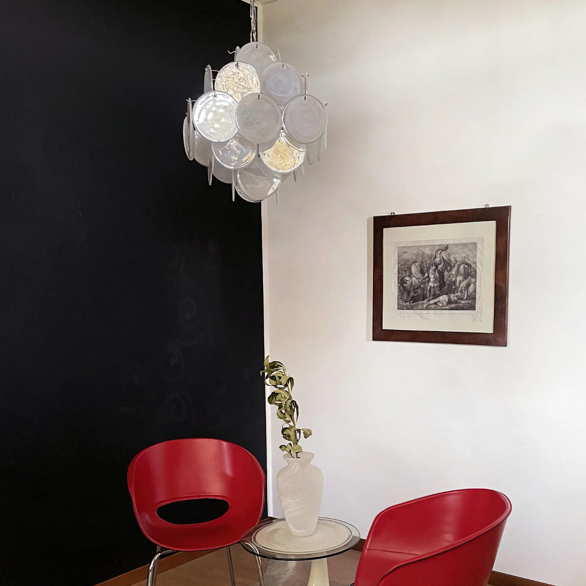 Vintage White Glass Disks Chandelier - view 10 | Metavaya