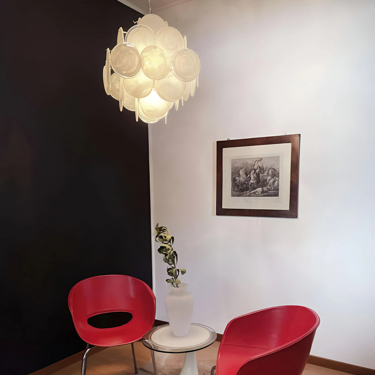Vintage White Glass Disks Chandelier - view 11 | Metavaya