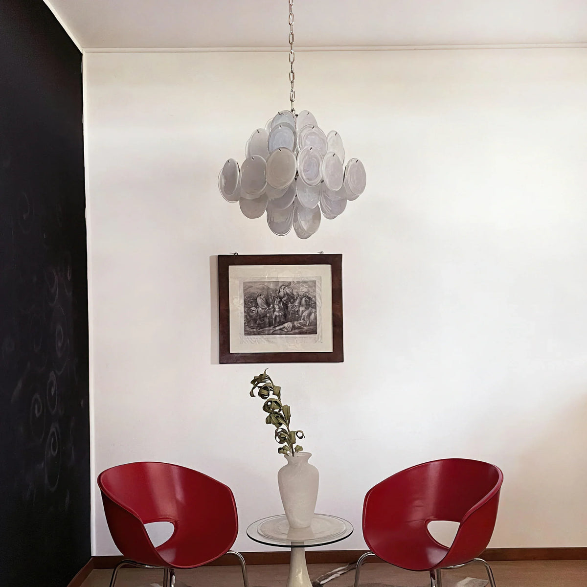 Vintage White Glass Disks Chandelier - view 20 | Metavaya