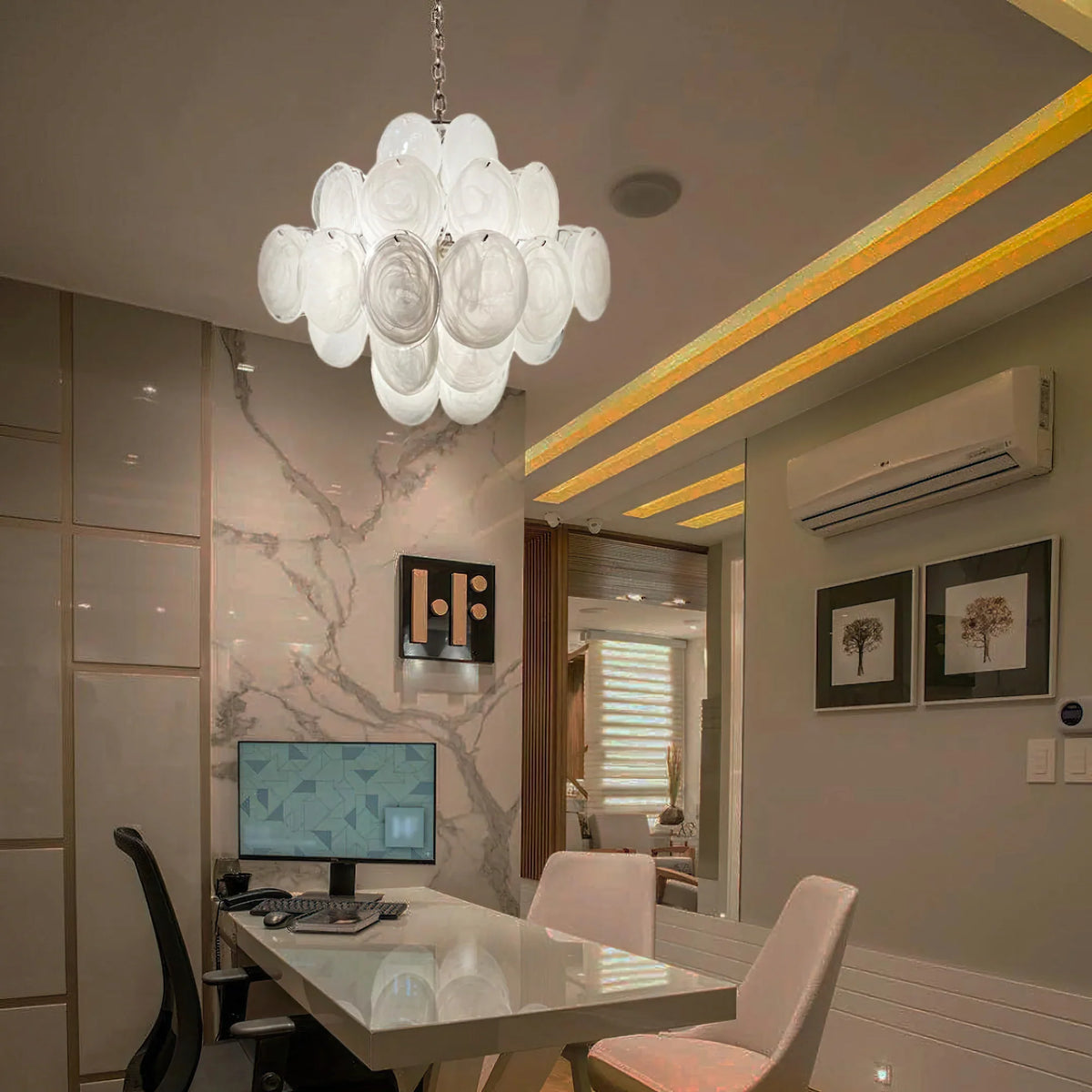 Vintage White Glass Disks Chandelier - view 21 | Metavaya