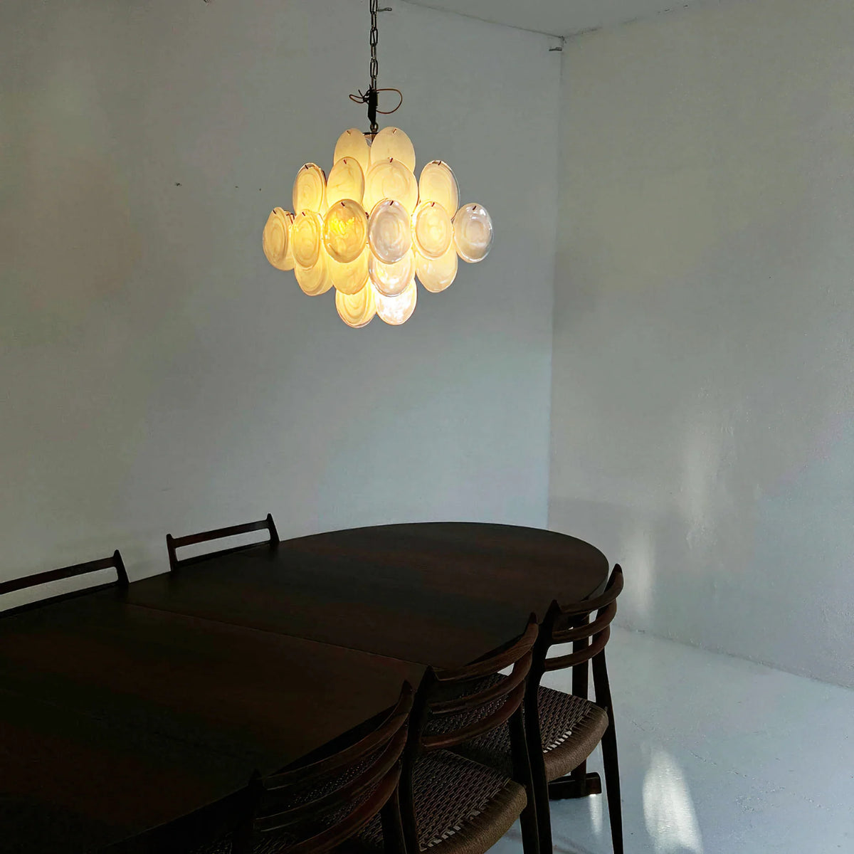Vintage White Glass Disks Chandelier - view 5 | Metavaya