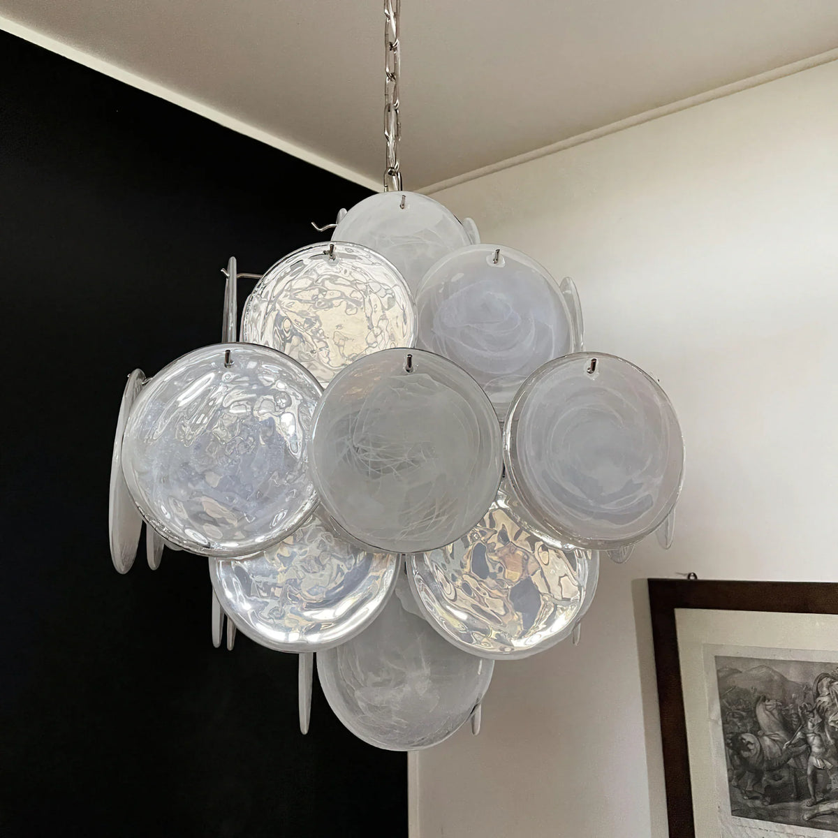 Vintage White Glass Disks Chandelier - view 7 | Metavaya