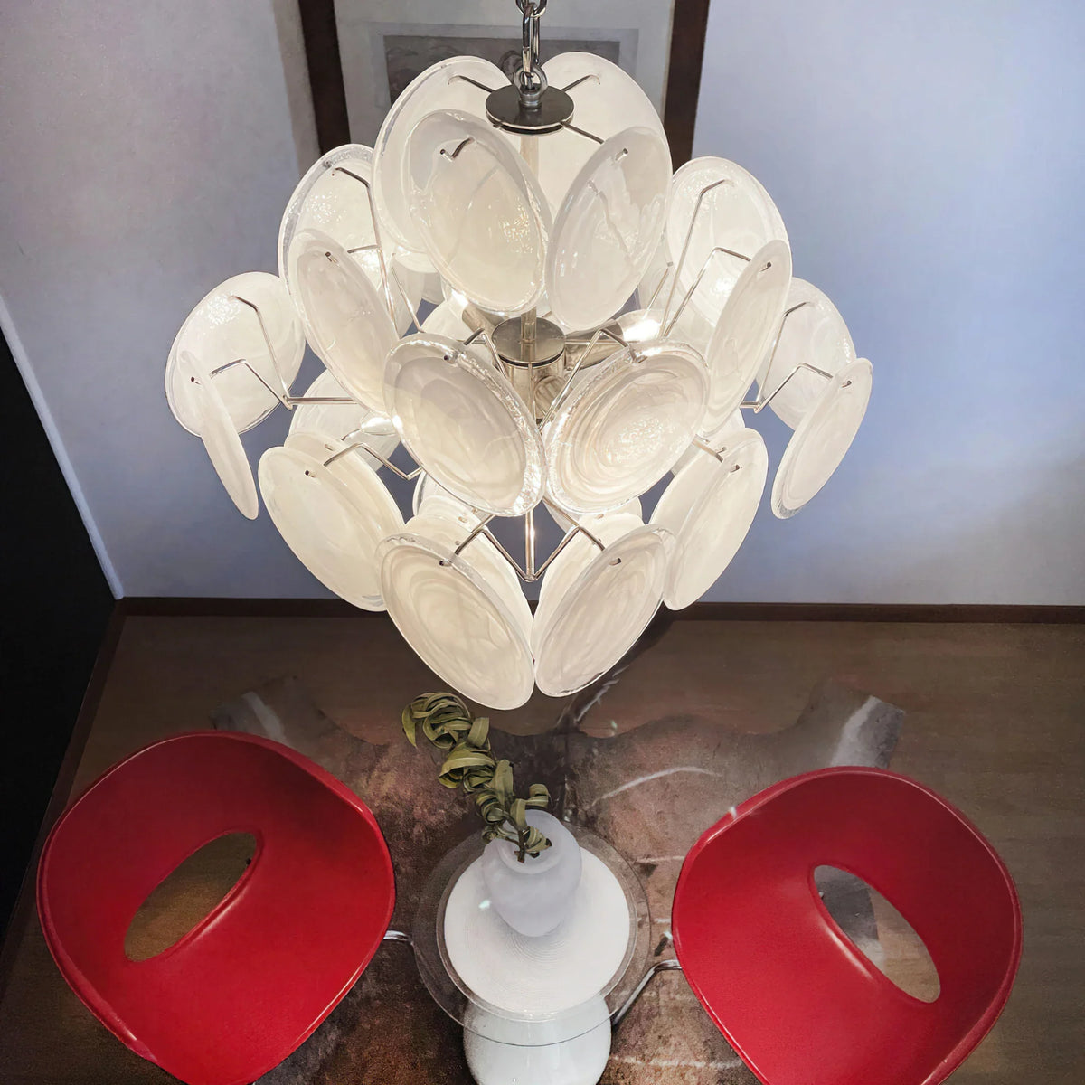 Vintage White Glass Disks Chandelier - view 9 | Metavaya
