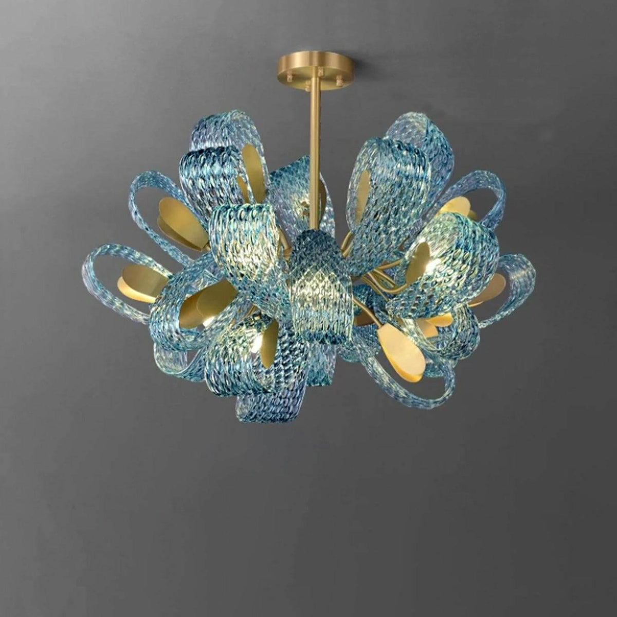 Metavaya Chandelier Petal Blue Glass Chandelier Brass Petal Blue Glass Chandelier