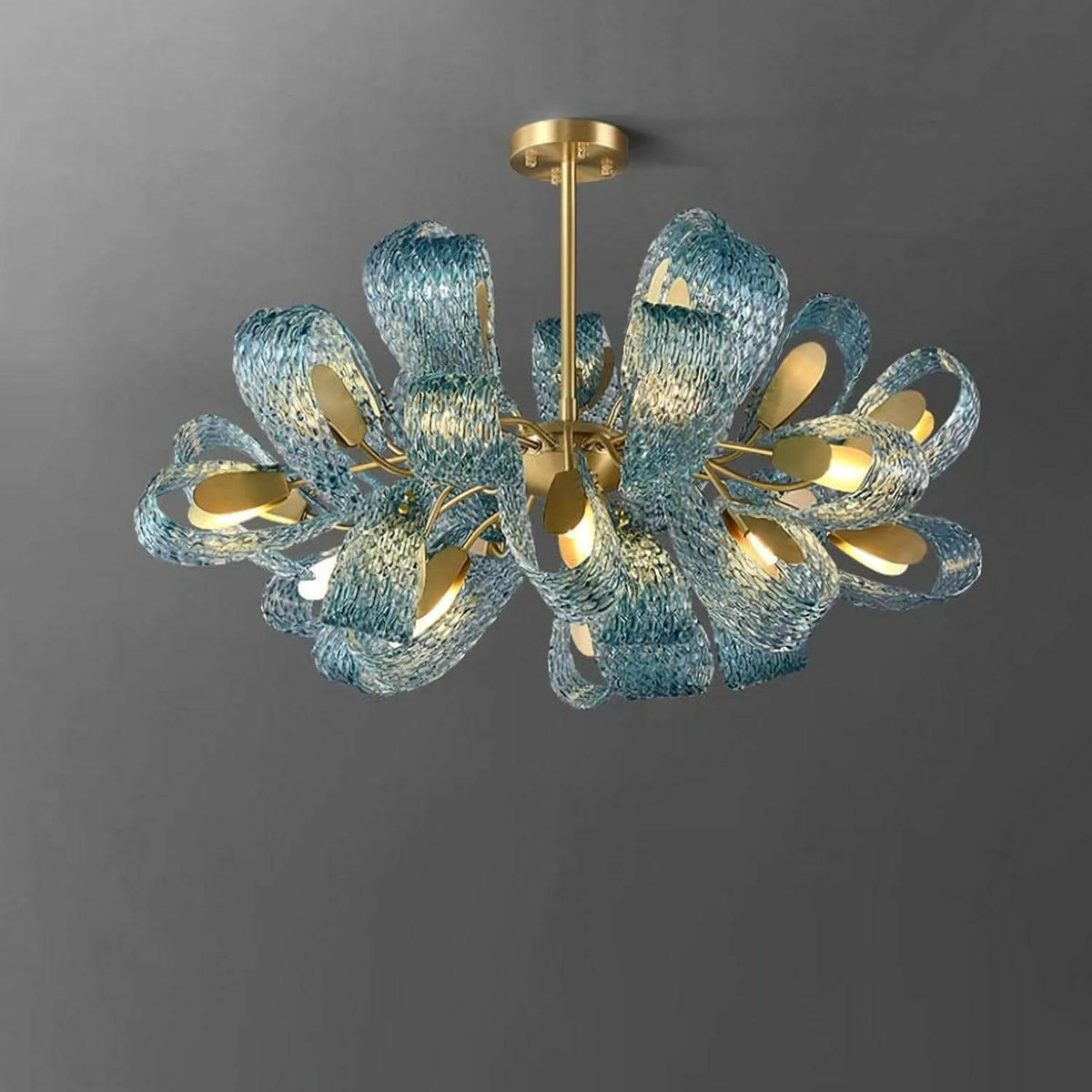 Metavaya Chandelier Petal Blue Glass Chandelier Brass Petal Blue Glass Chandelier