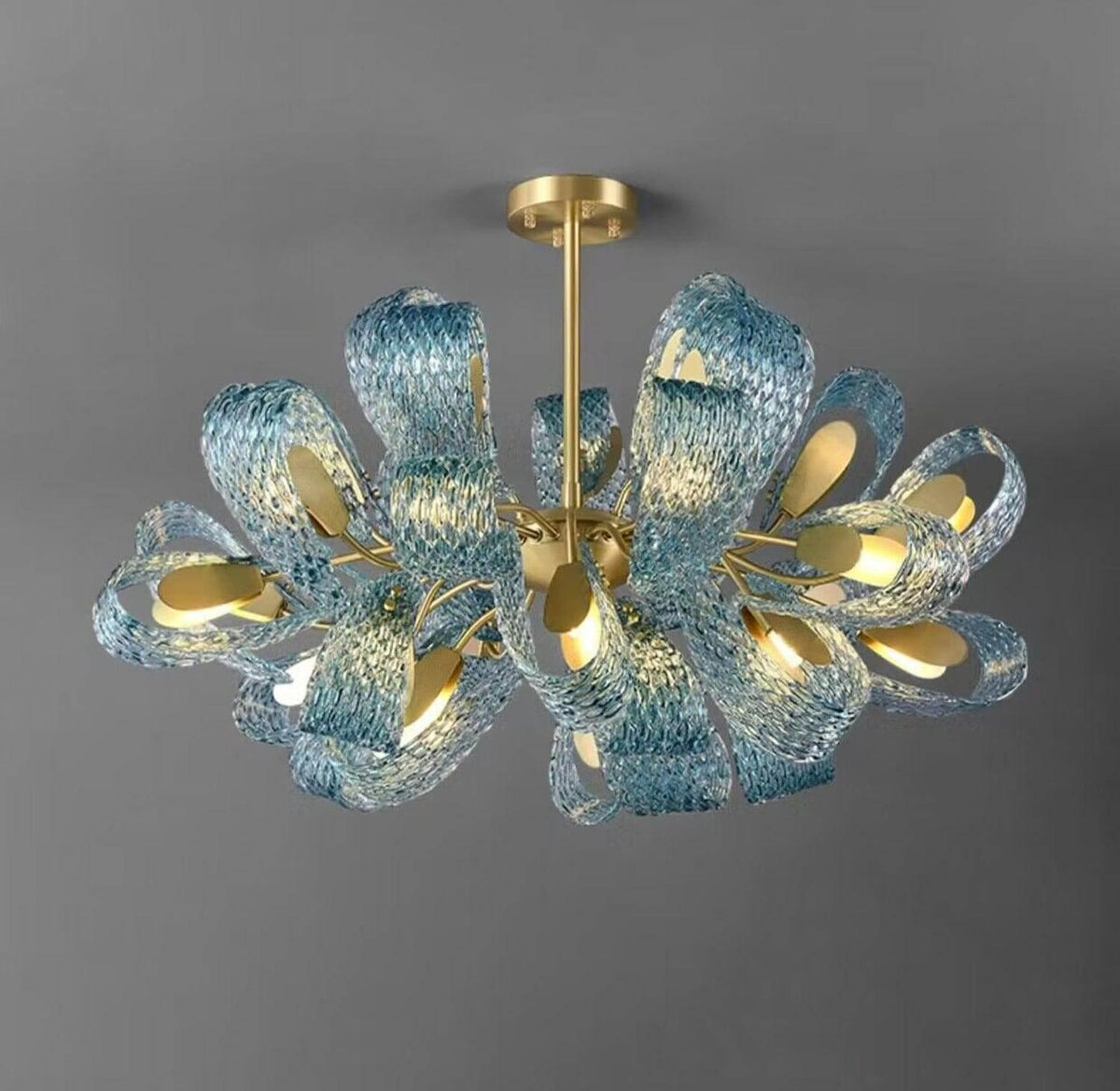 Metavaya Chandelier Petal Blue Glass Chandelier Brass Petal Blue Glass Chandelier