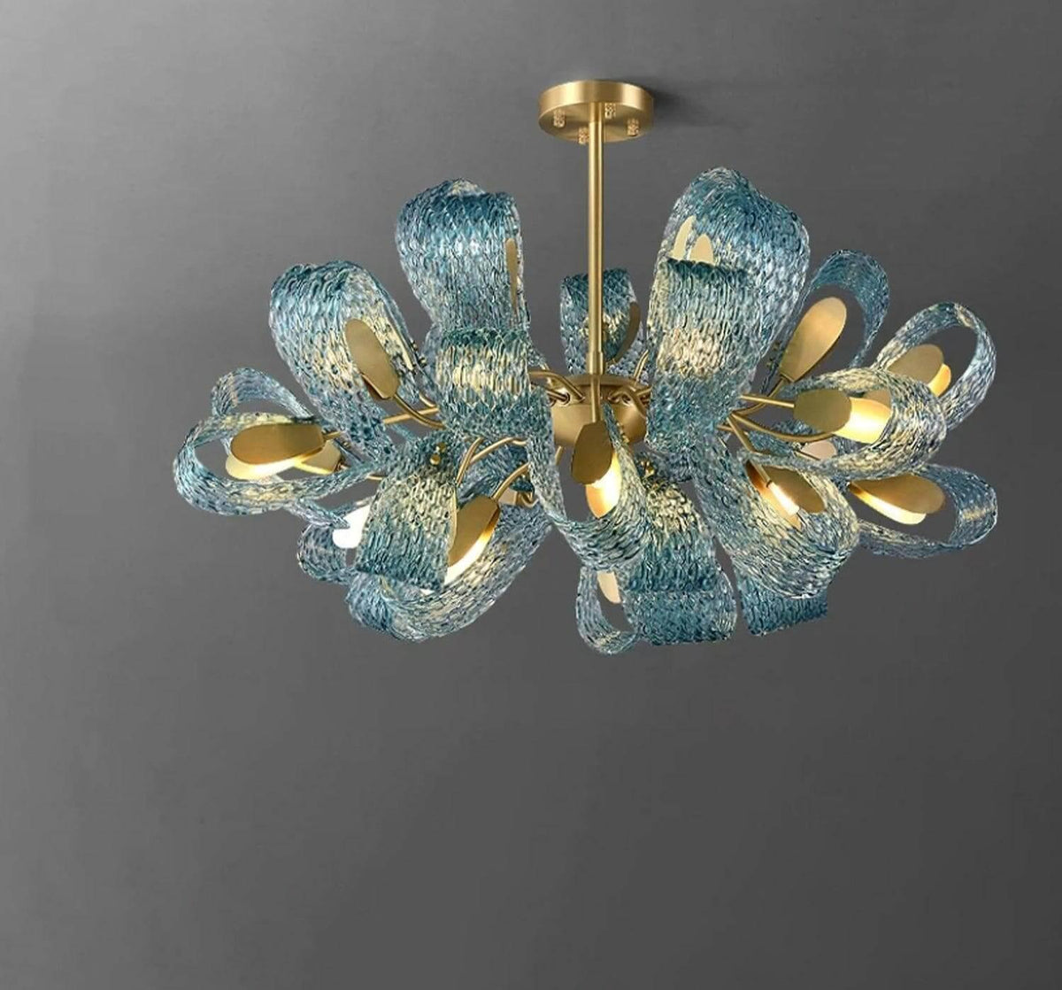 Metavaya Chandelier Petal Blue Glass Chandelier Brass Petal Blue Glass Chandelier