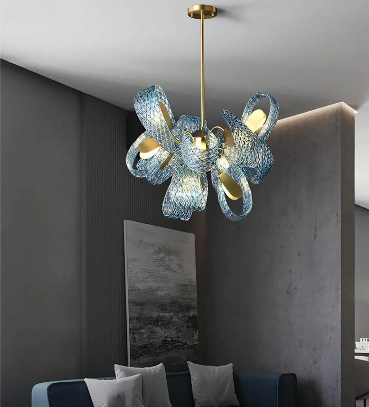 Metavaya Chandelier Petal Blue Glass Chandelier Brass Petal Blue Glass Chandelier