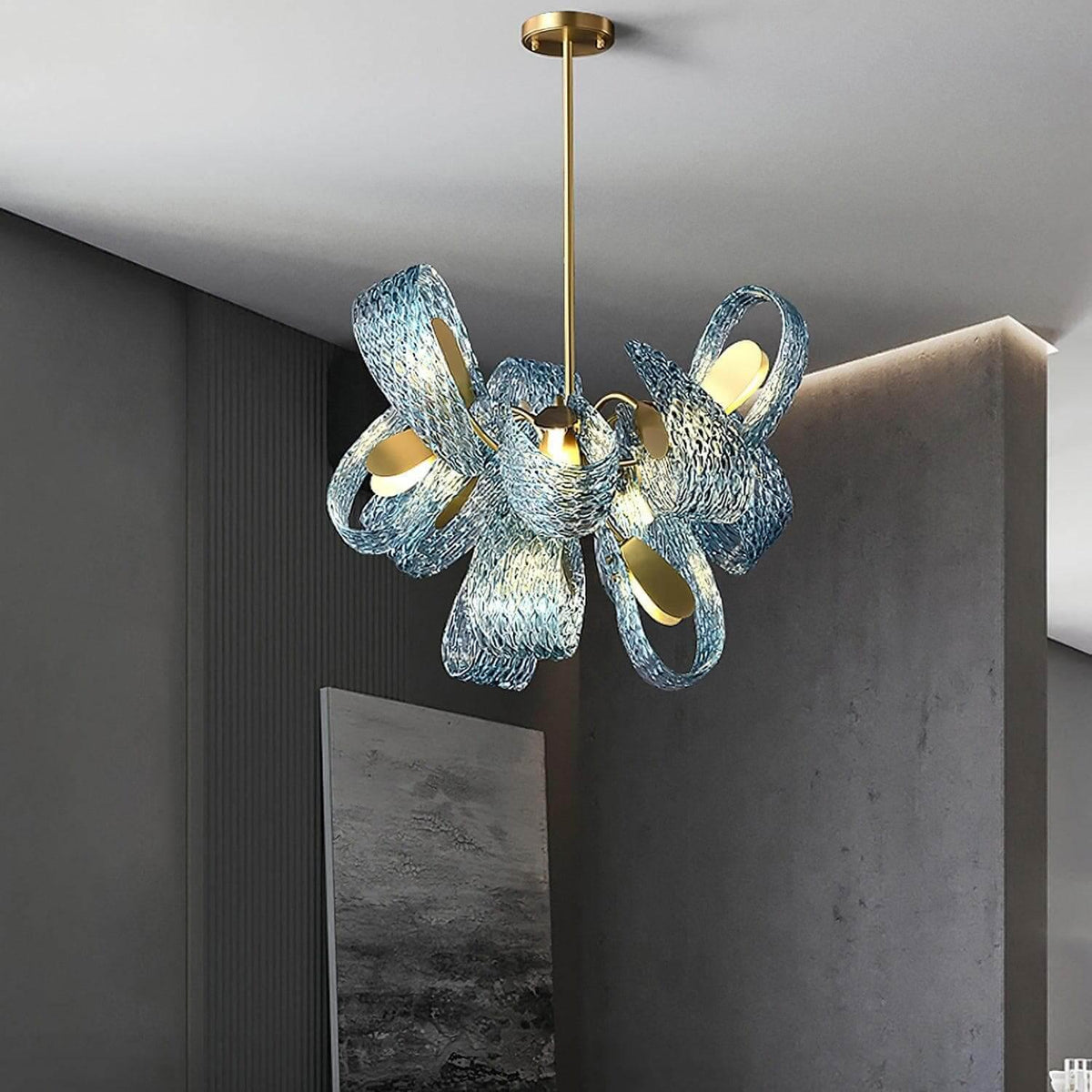 Metavaya Chandelier Petal Blue Glass Chandelier Brass Petal Blue Glass Chandelier