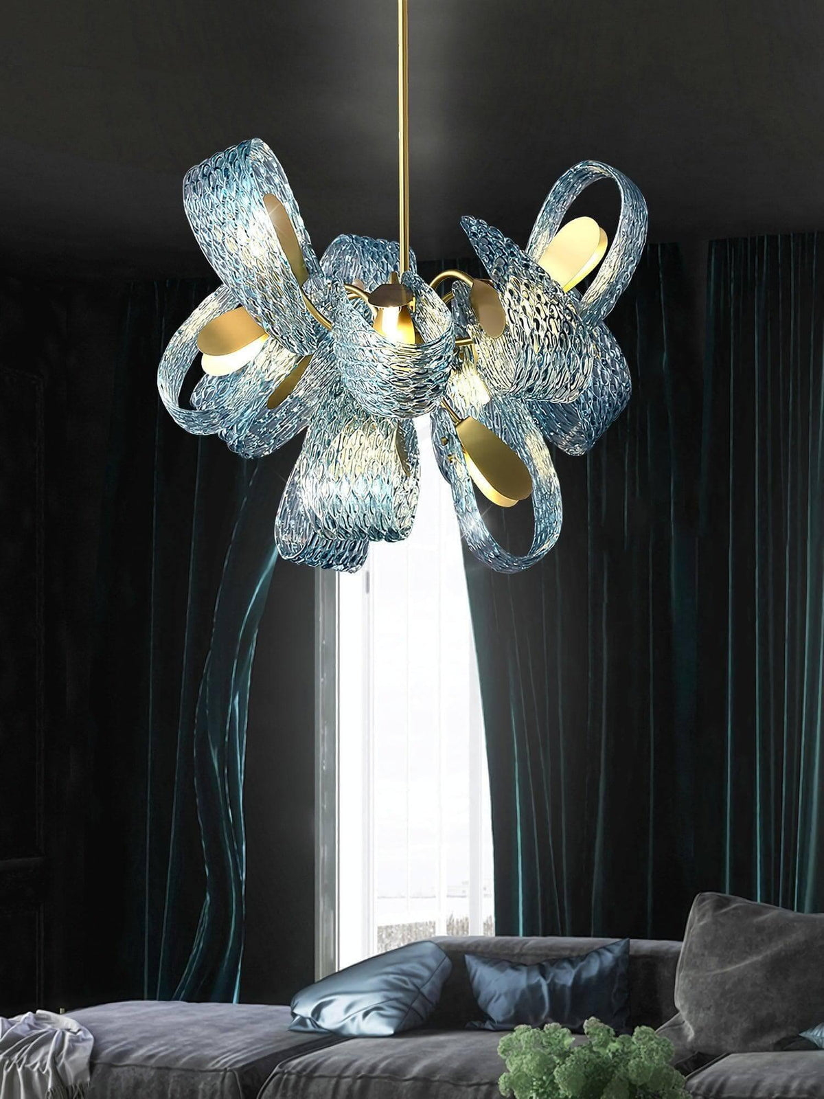Metavaya Chandelier Petal Blue Glass Chandelier Brass Petal Blue Glass Chandelier