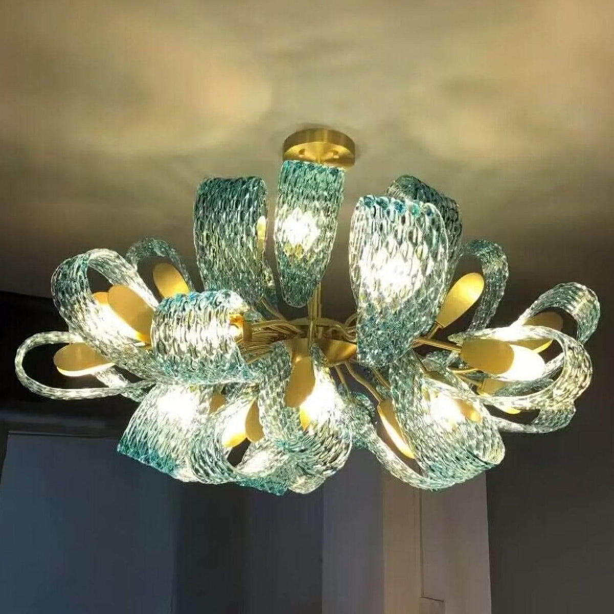 Metavaya Chandelier Petal Blue Glass Chandelier Brass Petal Blue Glass Chandelier