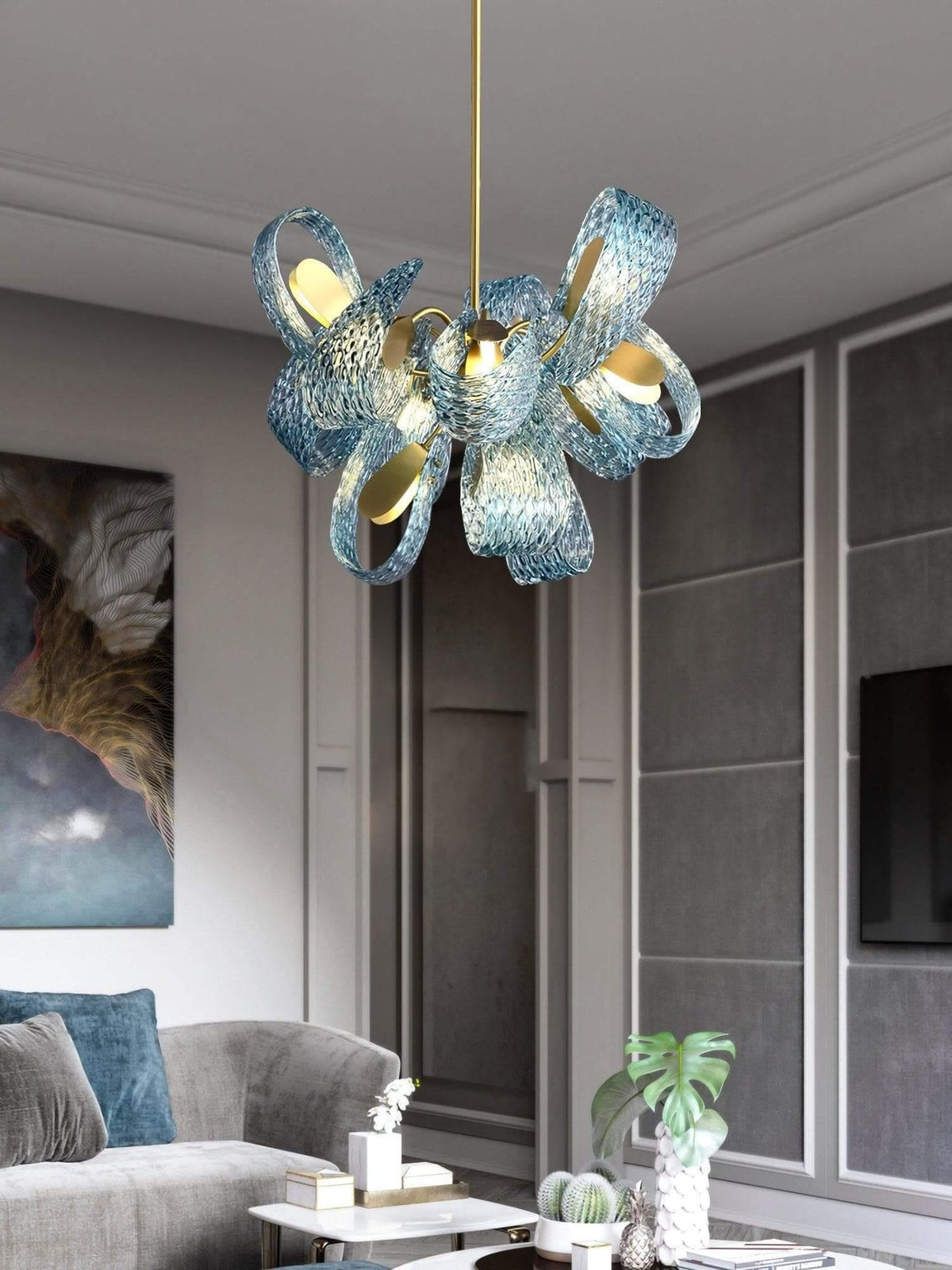 Metavaya Chandelier Petal Blue Glass Chandelier Brass Petal Blue Glass Chandelier