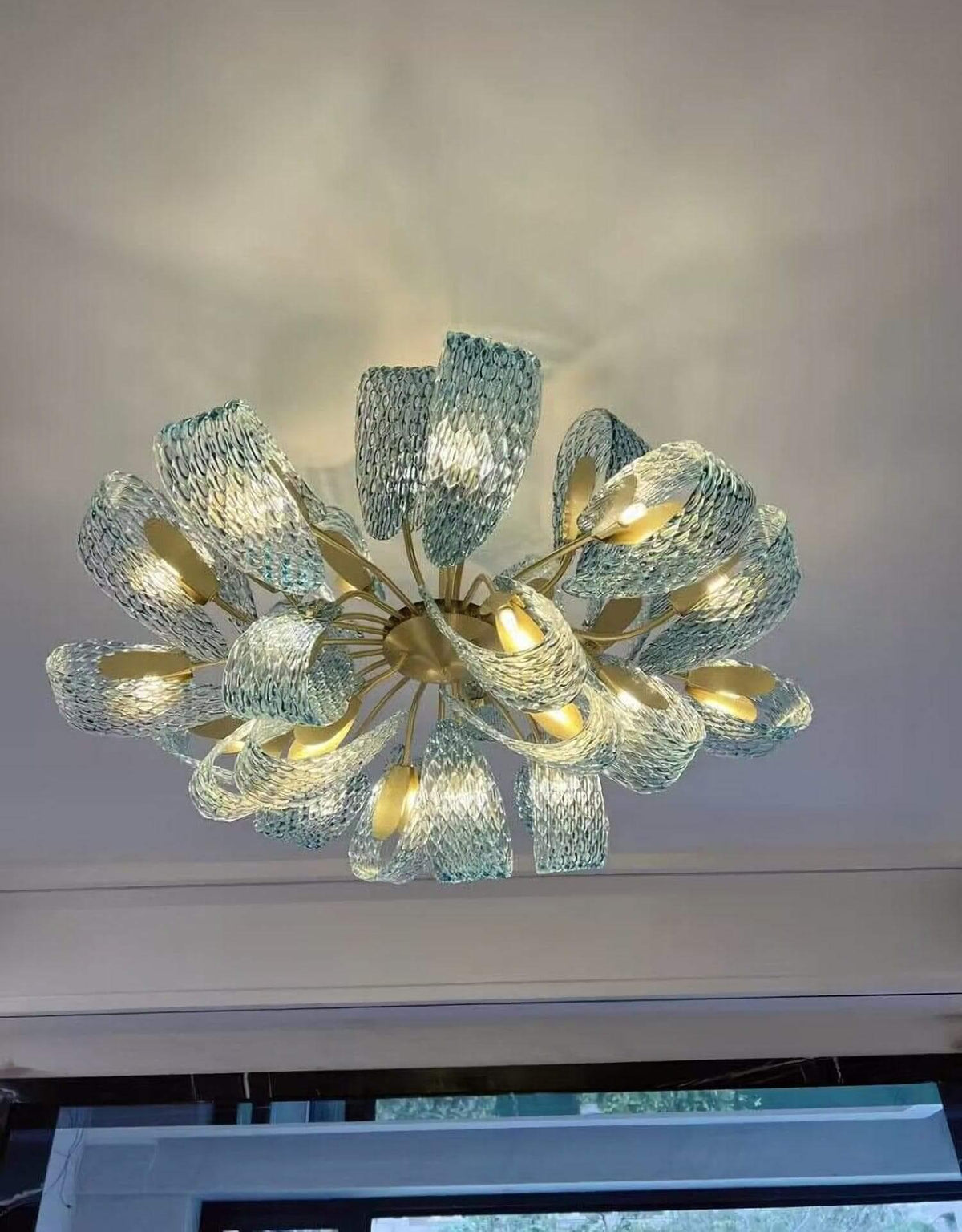 Metavaya Chandelier Petal Blue Glass Chandelier Brass Petal Blue Glass Chandelier