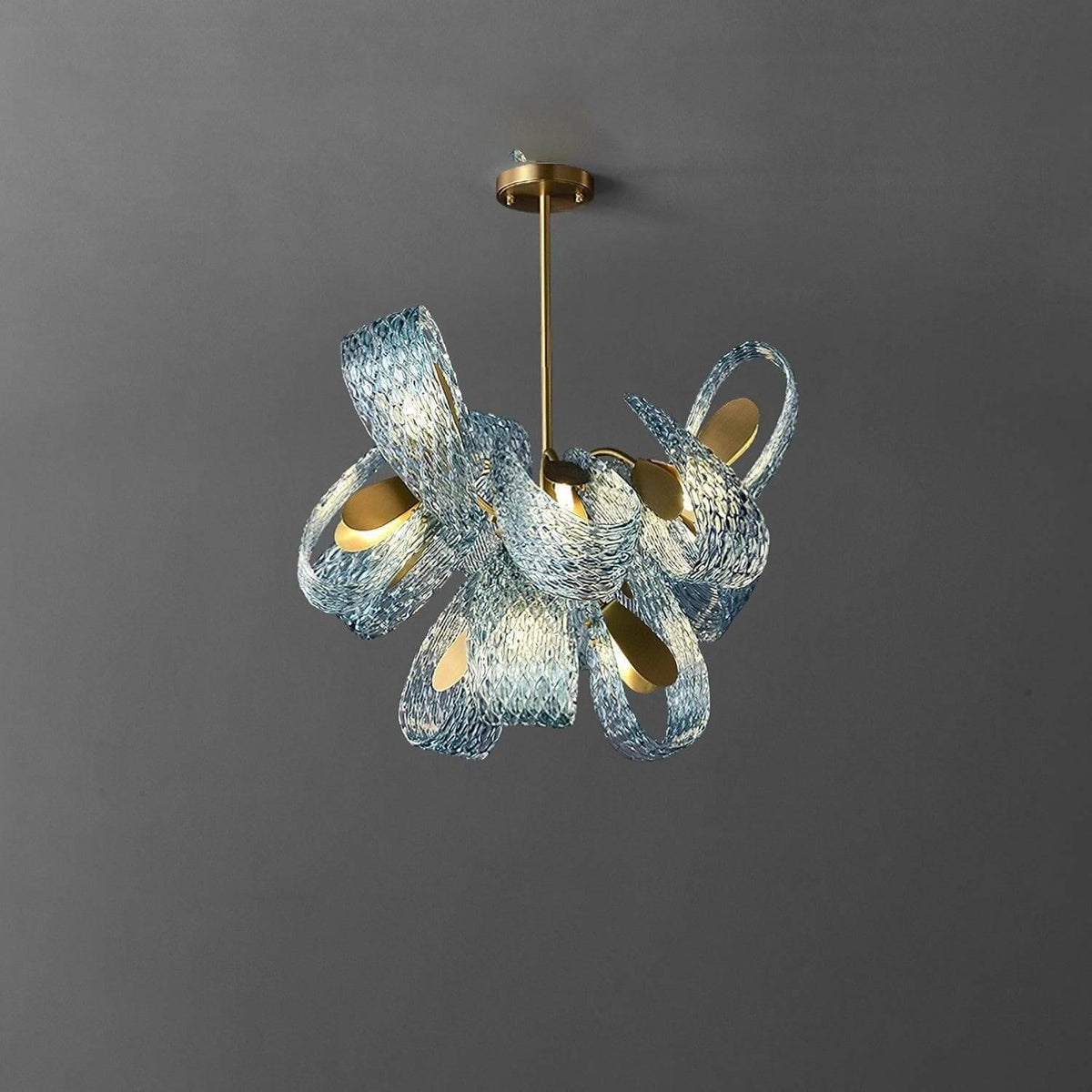 Metavaya Chandelier 12heads Dia 60cm x H 51cm / Φ 23.6″ x H 20″ / Brass+Blue Petal Blue Glass Chandelier 662668885827 M202404206-1 Brass Petal Blue Glass Chandelier
