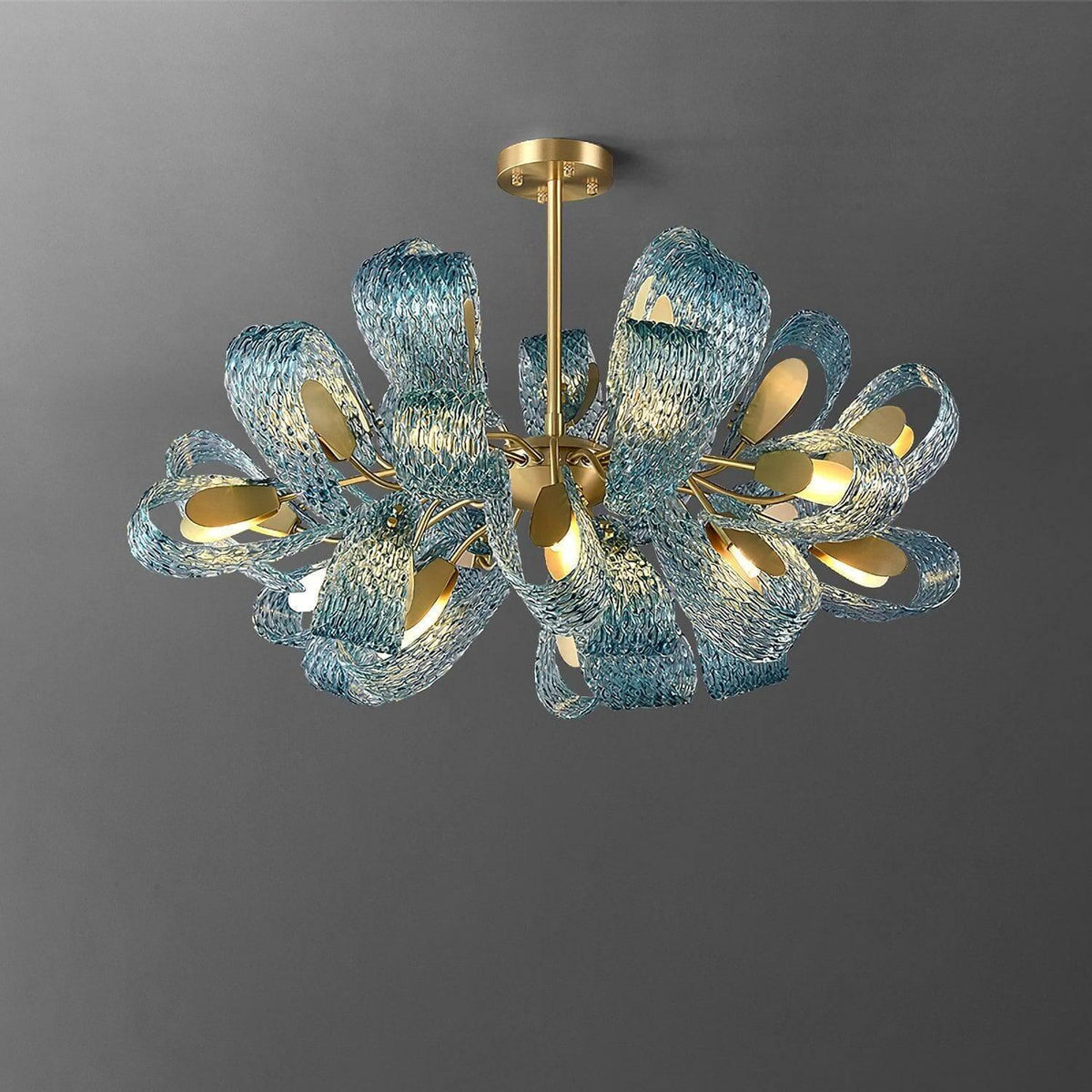 Metavaya Chandelier 24heads Dia 100cm x H 56cm / Φ 39.4″ x H 22″ / Brass+Blue Petal Blue Glass Chandelier 662668885841 M202404206-3 Brass Petal Blue Glass Chandelier