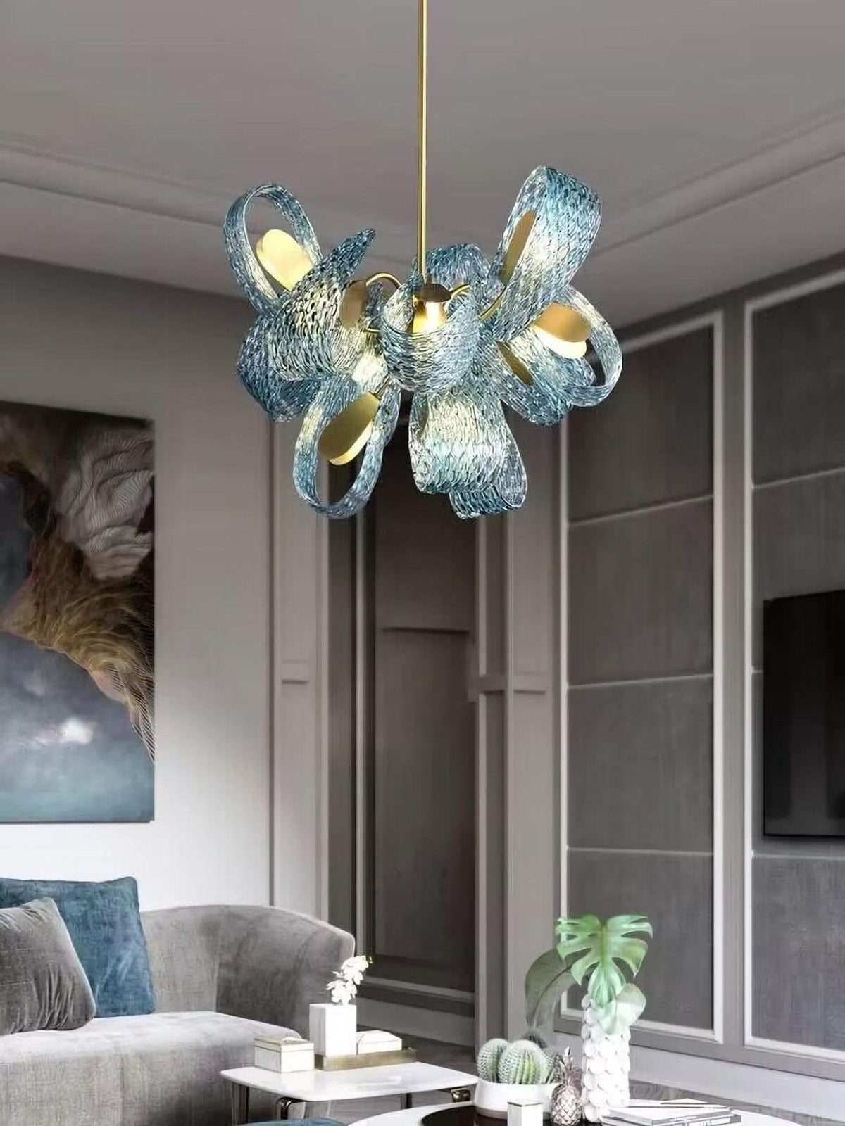 Metavaya Chandelier Petal Blue Glass Chandelier Brass Petal Blue Glass Chandelier
