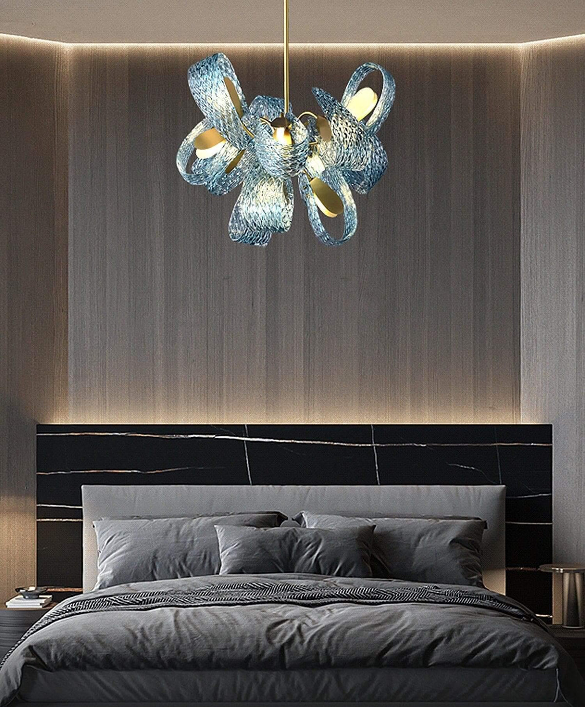 Metavaya Chandelier Petal Blue Glass Chandelier Brass Petal Blue Glass Chandelier