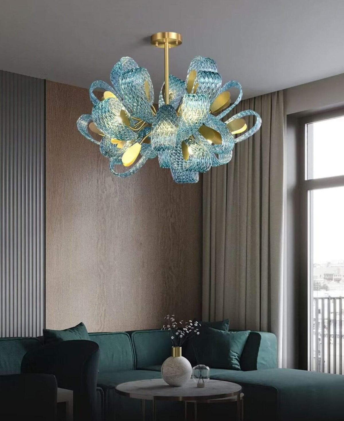 Metavaya Chandelier Petal Blue Glass Chandelier Brass Petal Blue Glass Chandelier