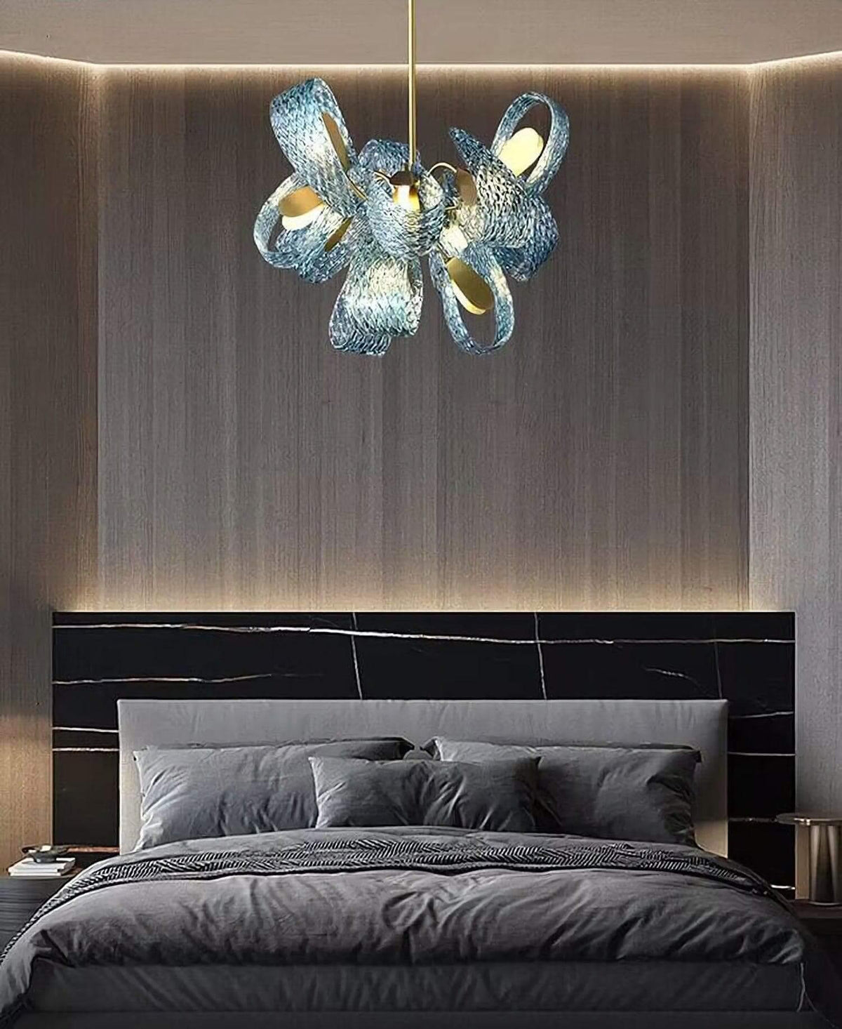 Metavaya Chandelier Petal Blue Glass Chandelier Brass Petal Blue Glass Chandelier