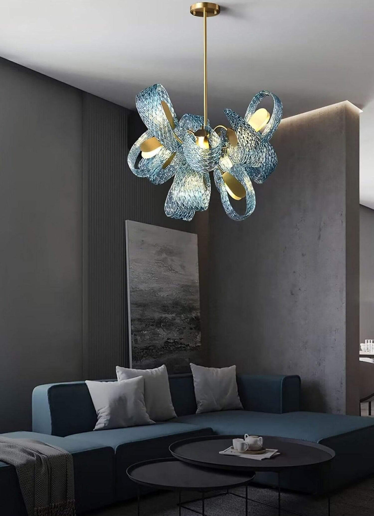 Metavaya Chandelier Petal Blue Glass Chandelier Brass Petal Blue Glass Chandelier