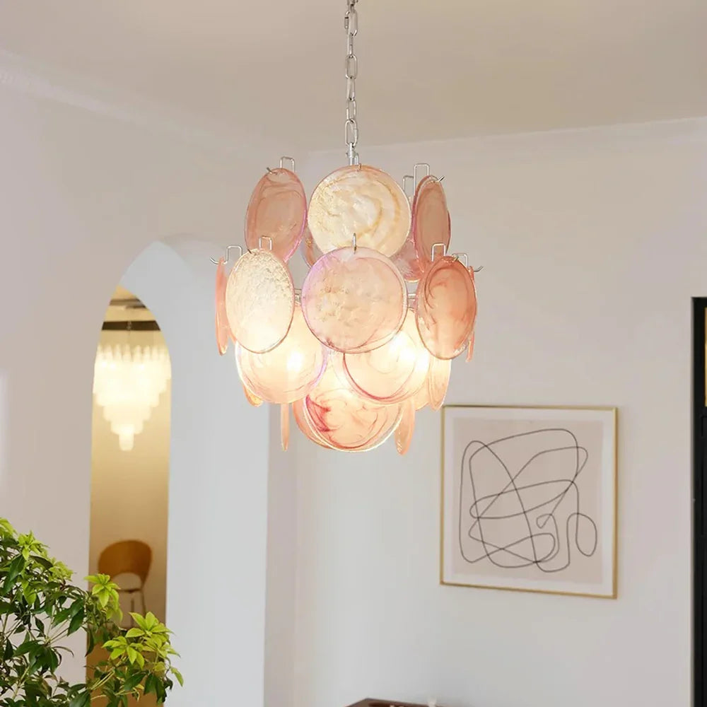 Pink Murano Disc Glass Chandelier - view 2 | Metavaya