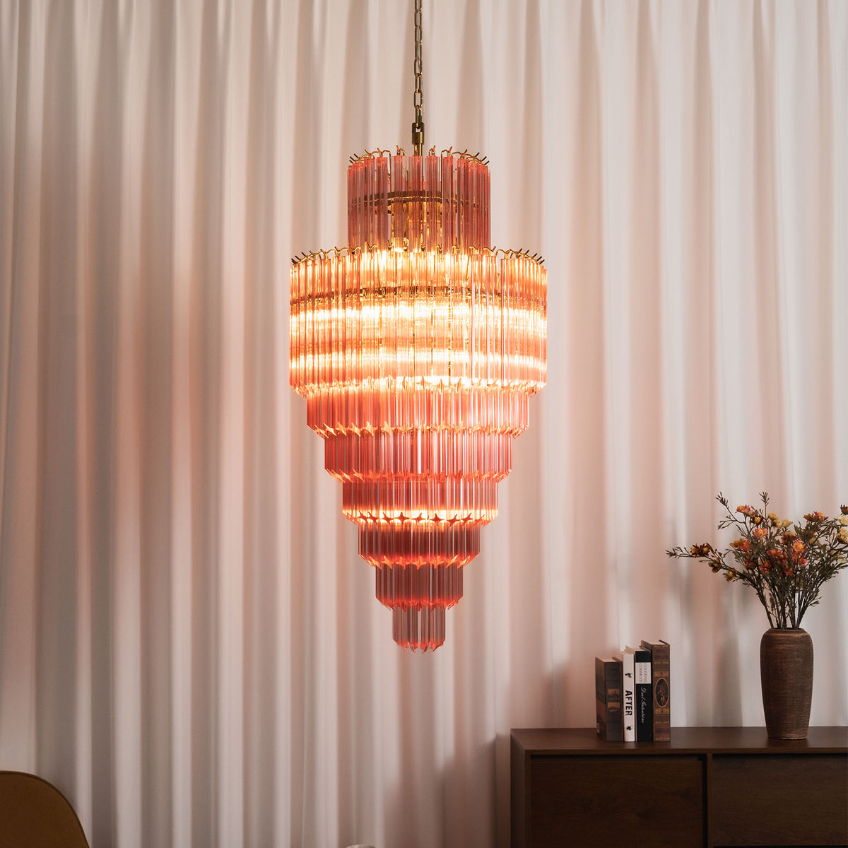 Pink Glass Tiered Murano Style Chandelier - view 3 | Metavaya