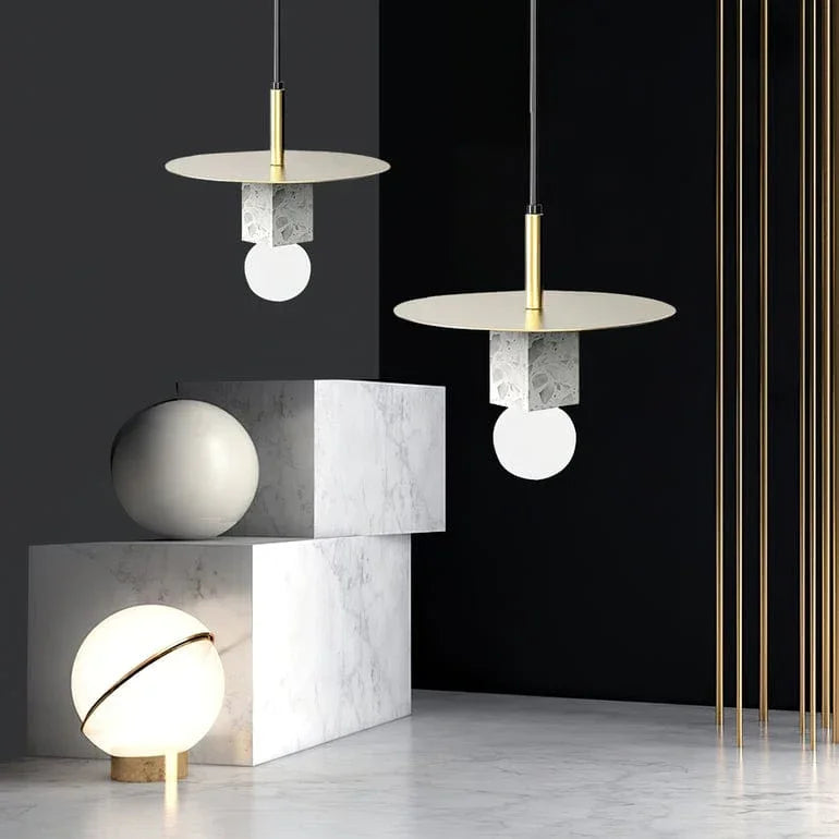 Metavaya Pendant lamp ∅ 11.8″ x H 9.8″ / Dia 30cm x H 25cm / Gold&White Marble Stone Square Pendant Lamp 6938617816230 M2023112304-1
